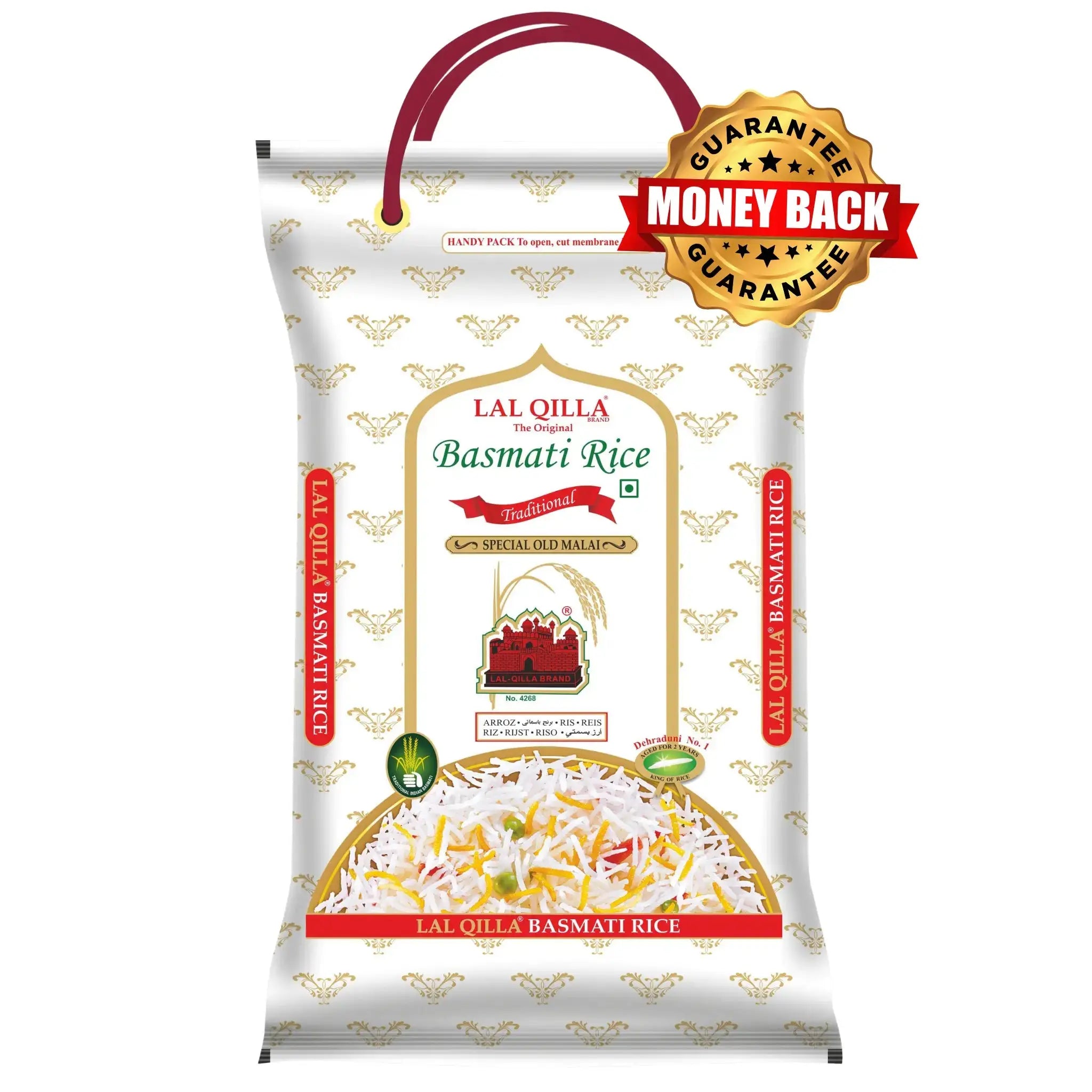 5 kg:n pakkaus basmatiriisiä, valkoinen pakkaus punaisella kahvalla ja riisikuvalla, teksti 'money back guarantee'.