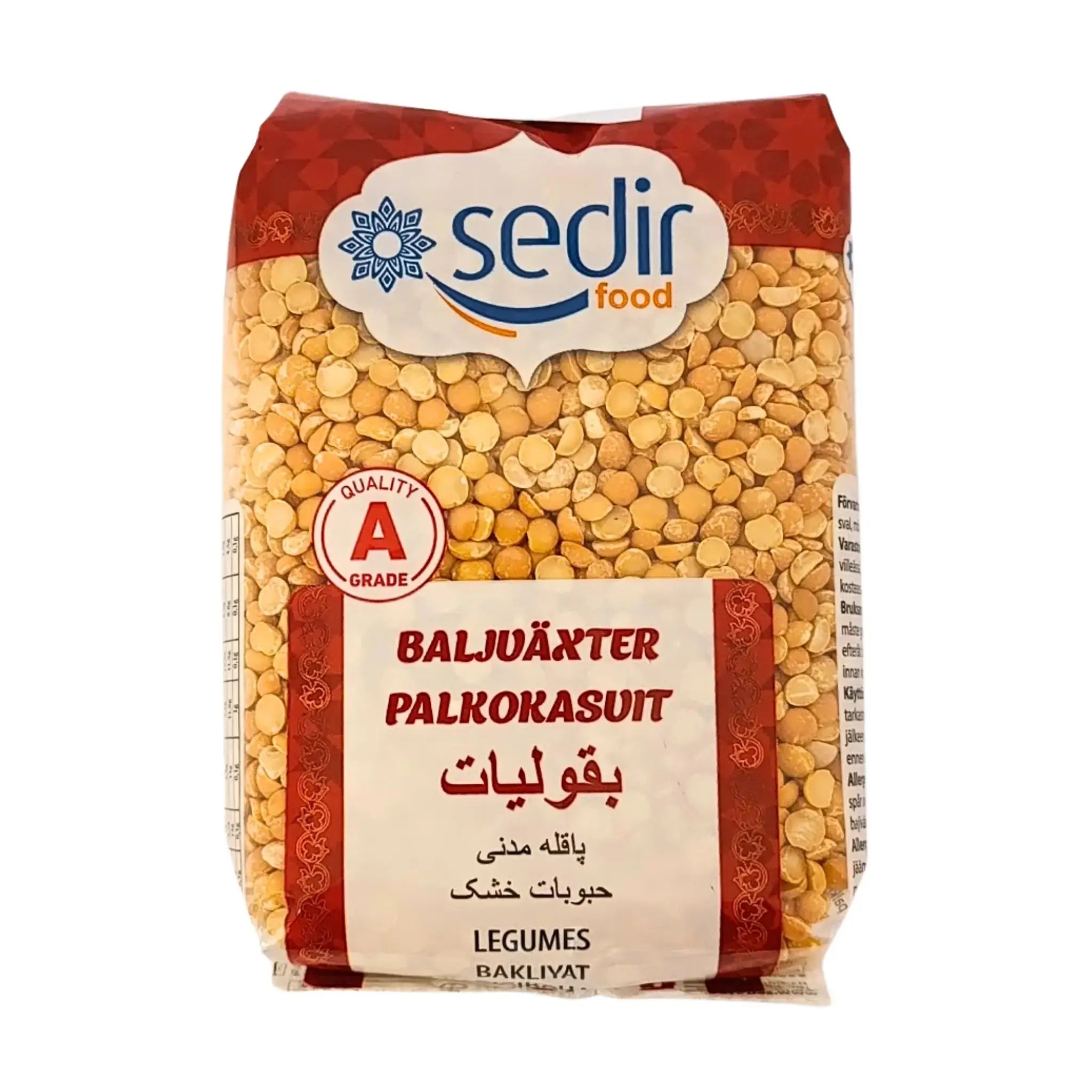 Sedir Food -palkokasveja, keltaista herneitä 800 g läpinäkyvässä pakkauksessa punaisella etiketillä.
