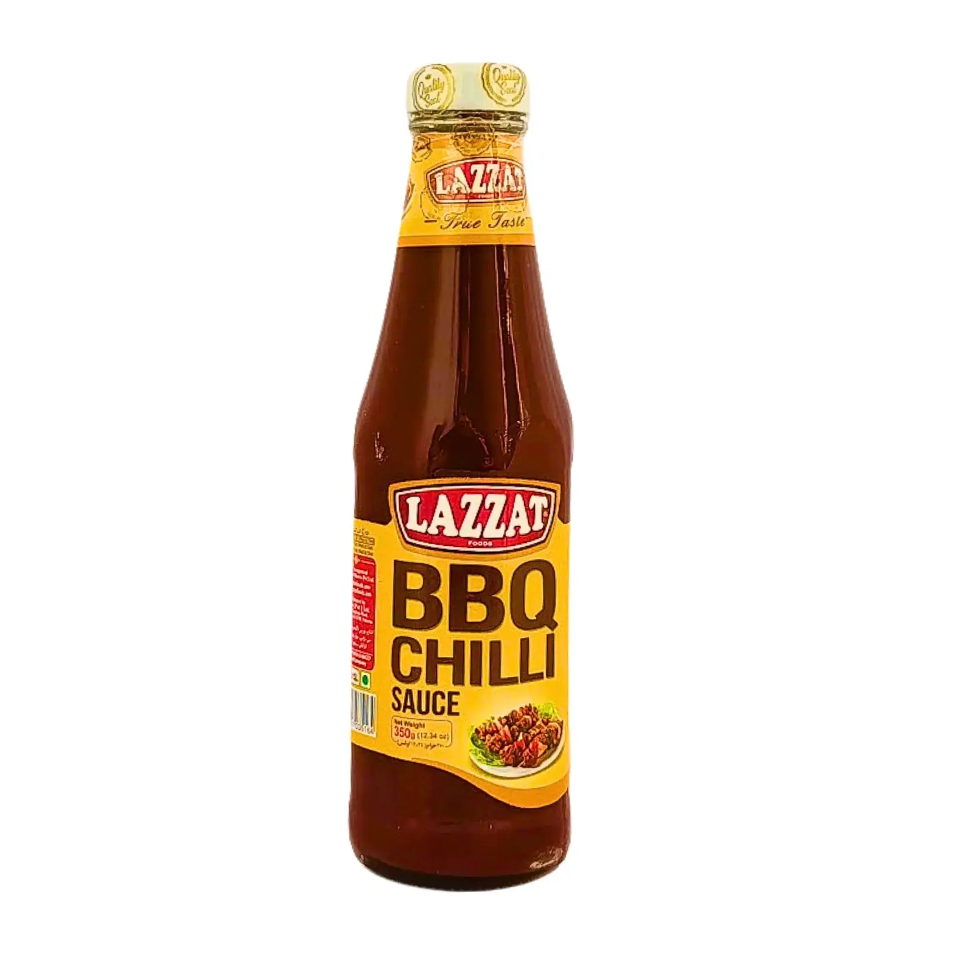 Pullo, jossa on Lazzat BBQ Chilli Sauce 330 g, itämainen tulinen grillikastike valkoisella taustalla.