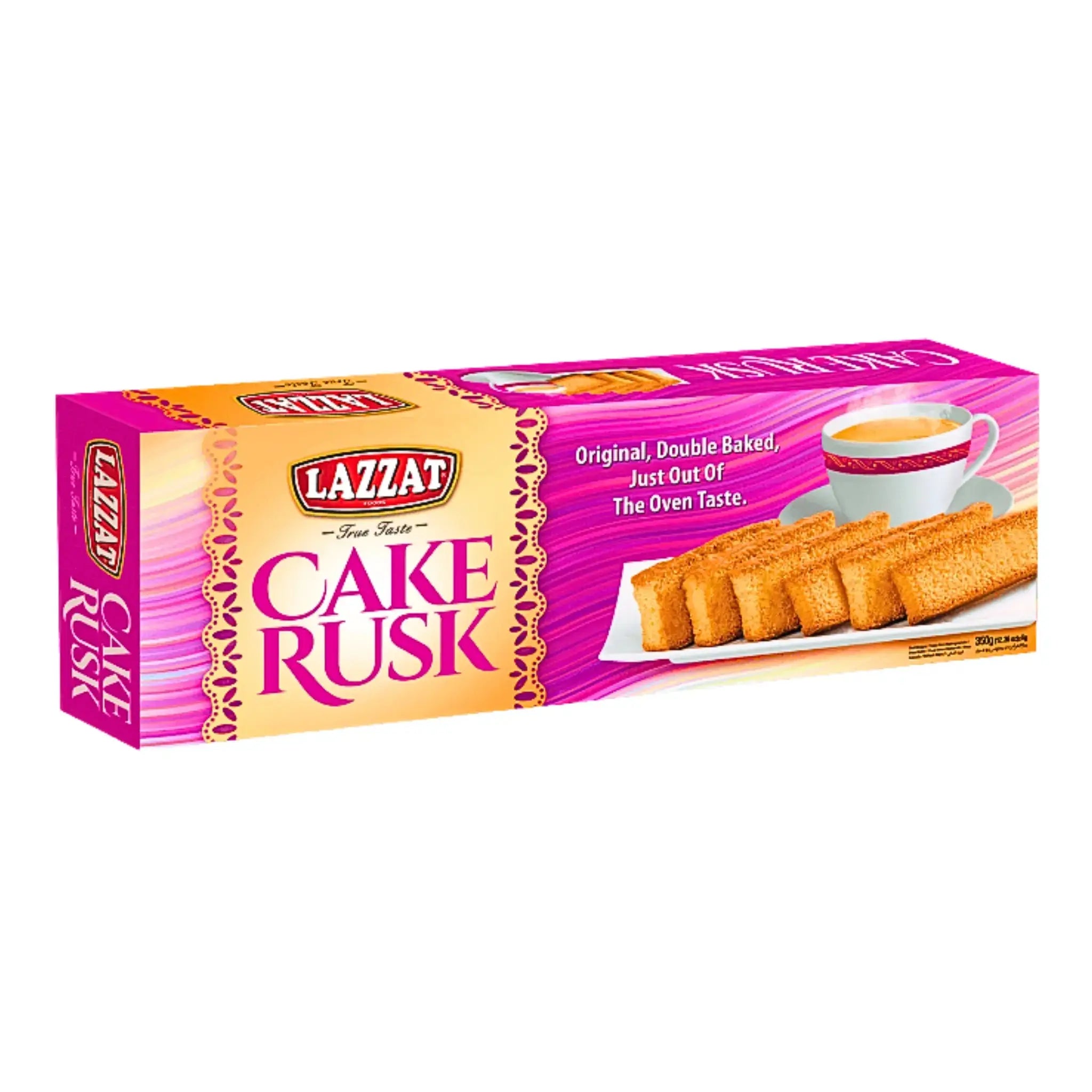 Kakku-pakkaus, jossa on Cake Rusk -sämpylöitä, tarjoiltuna lautalla kupin kanssa, itämaista leivontaa.