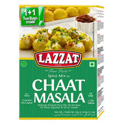 Lazzat Chaat Masala 100 g mausteseos chaat-valmisteisiin, vihreä pakkaus annosehdotuksella.