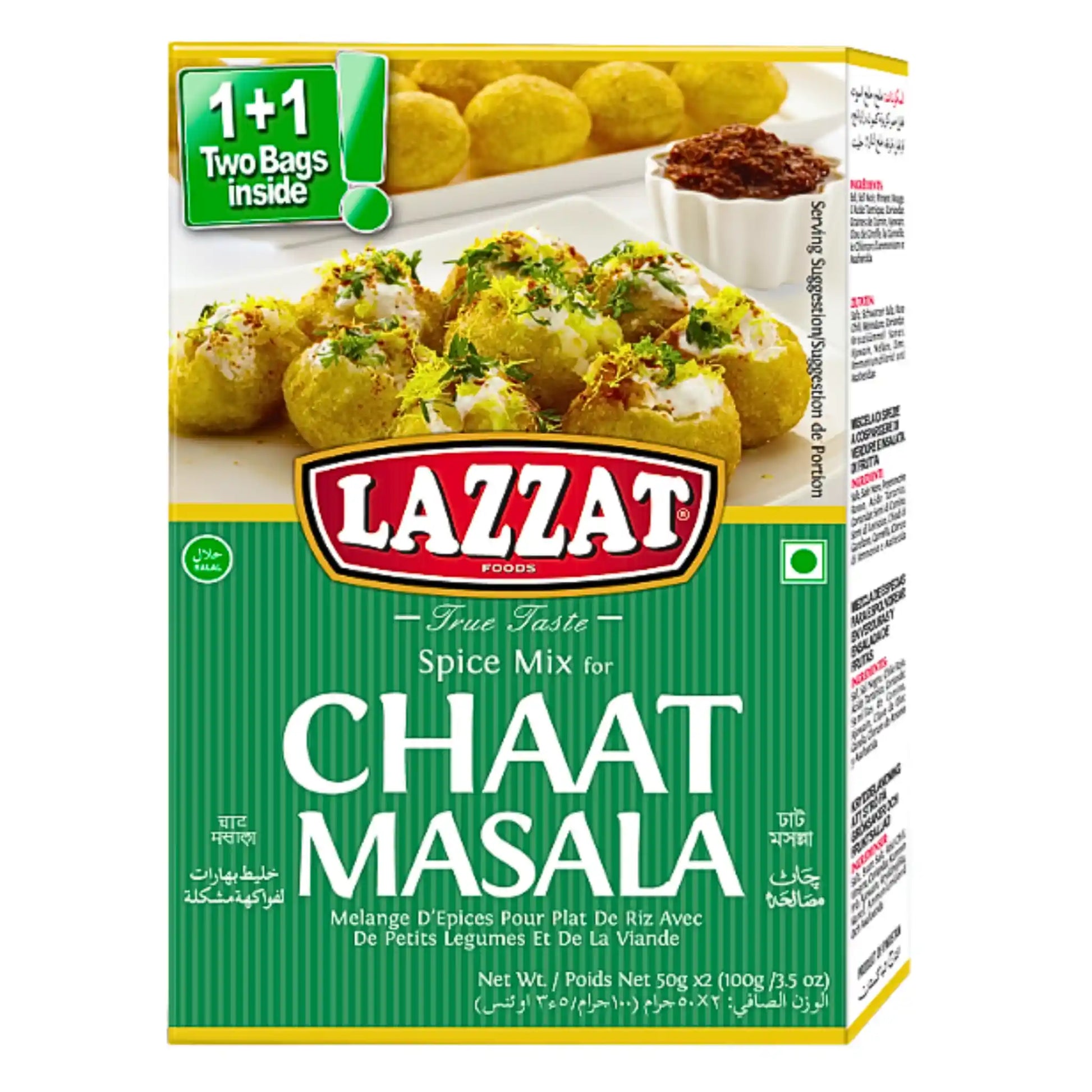 Lazzat Chaat Masala 100 g mausteseos chaat-valmisteisiin, vihreä pakkaus annosehdotuksella.