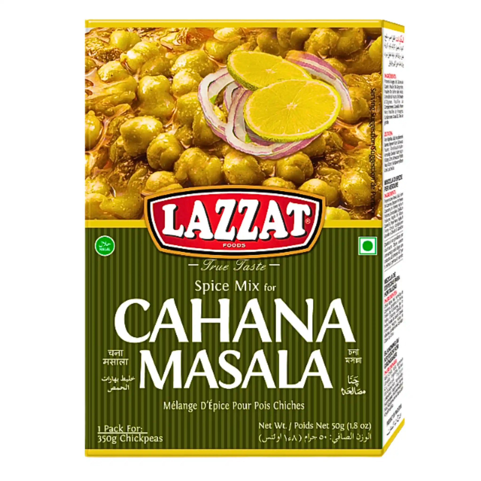Lazzat Chana Masala -mausteseos 100 g kikeripapujauhelihakastikkeen valmistukseen, värikäs paketti sitruunan ja sipulin kuvilla