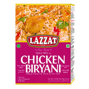 Lazzat maustesekoitus chicken biryanihin, pakkauksessa kuva riisistä ja kanasta.