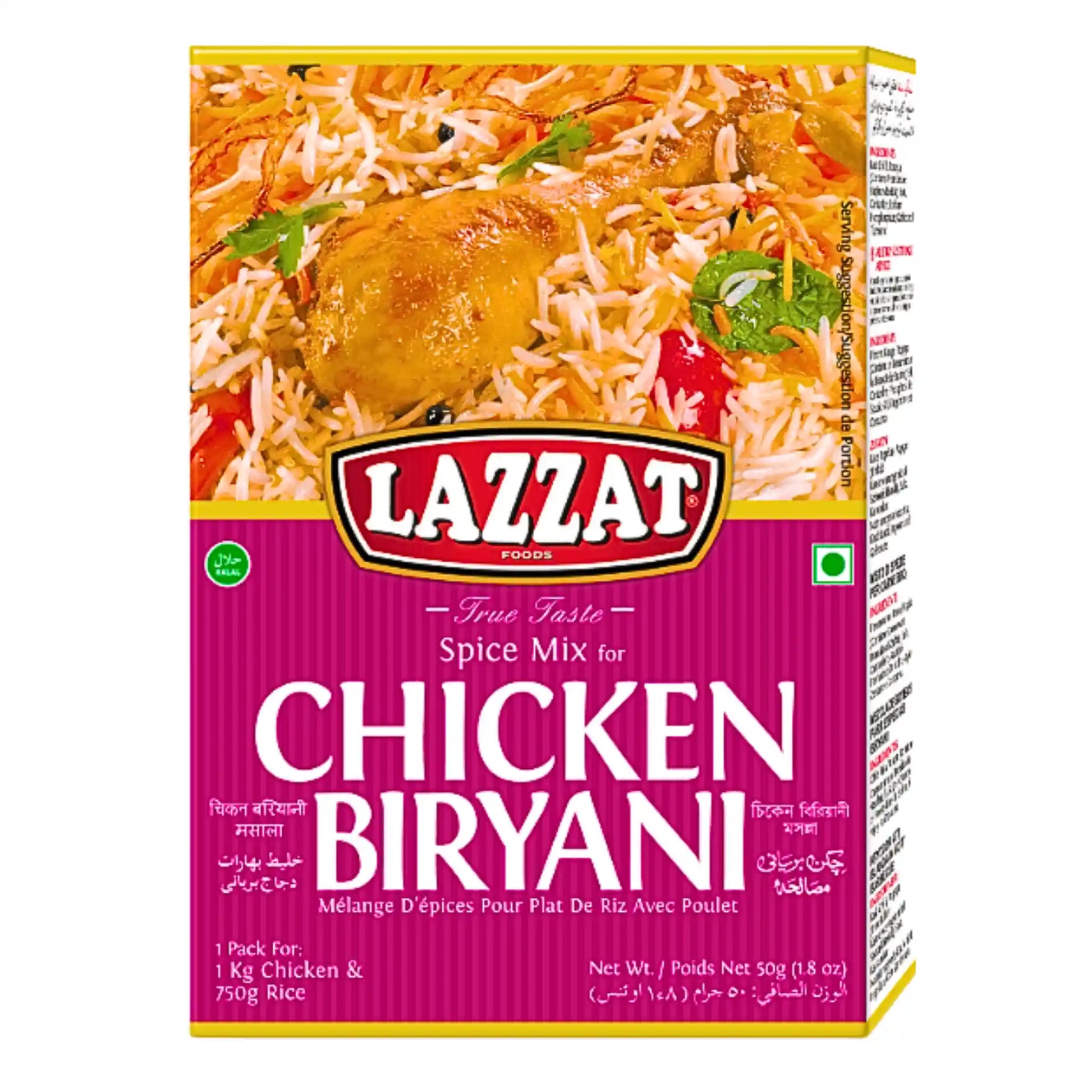 Lazzat maustesekoitus chicken biryanihin, pakkauksessa kuva riisistä ja kanasta.