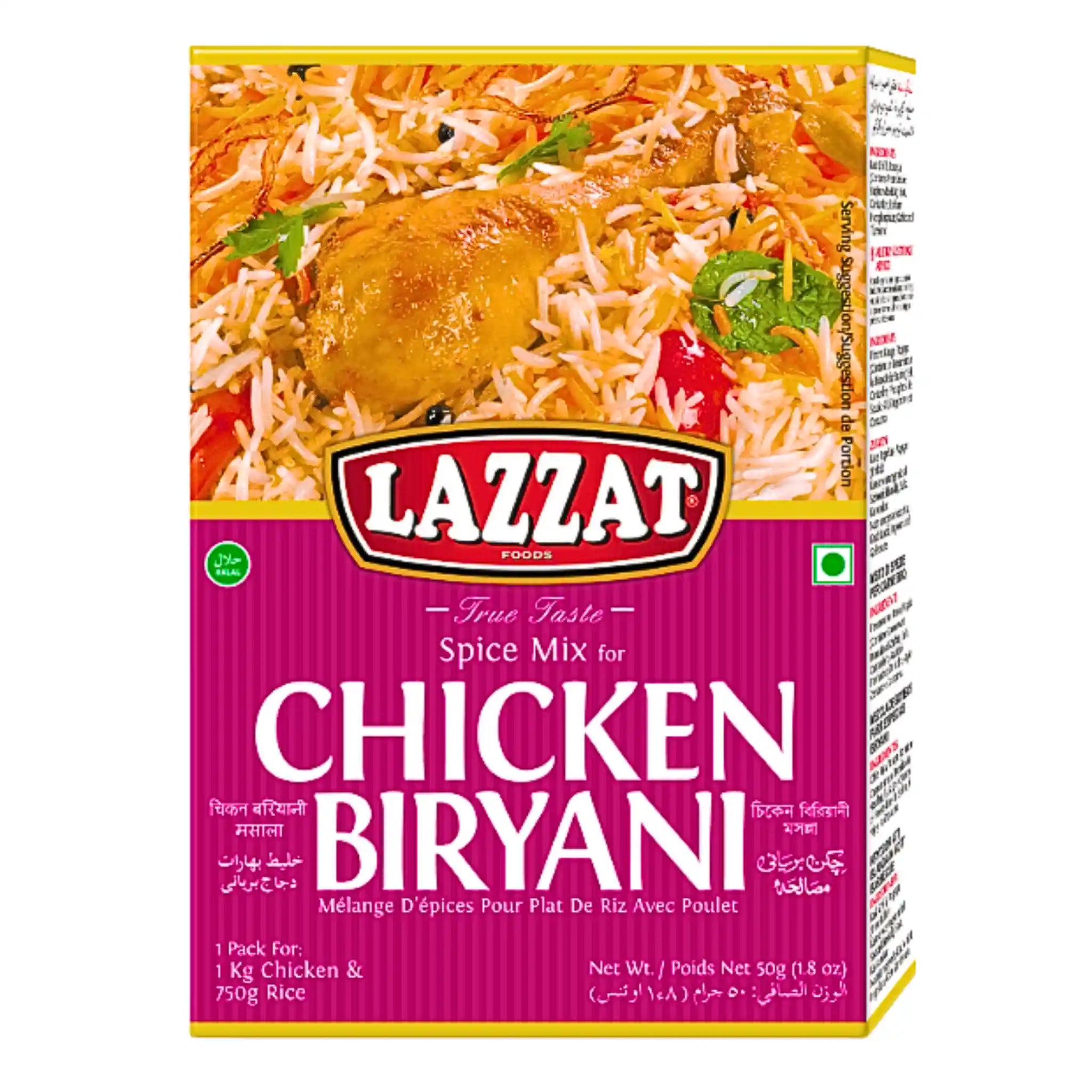 Lazzat maustesekoitus chicken biryanihin, pakkauksessa kuva riisistä ja kanasta.