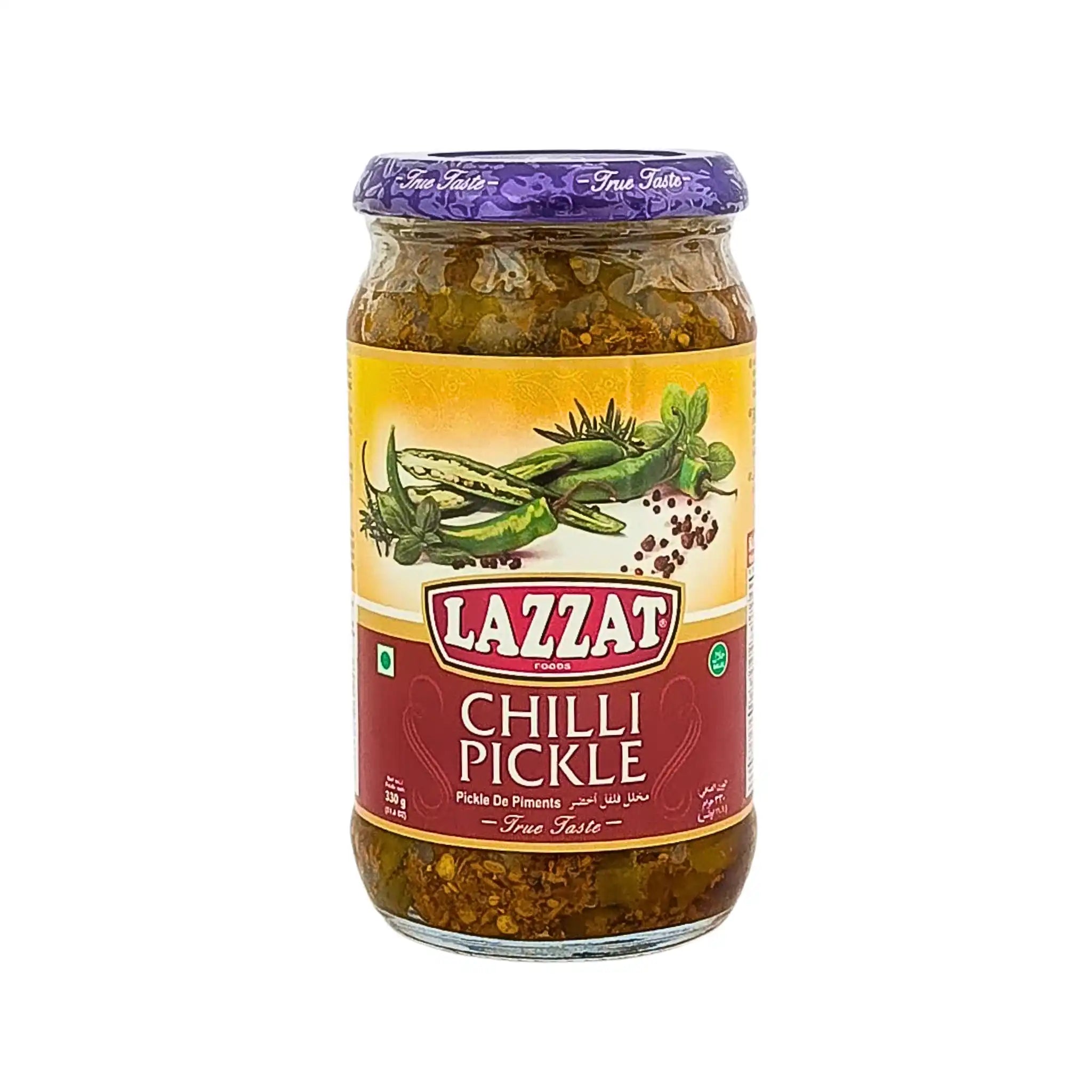 Lasipurkki, jossa on Lazzat chilisilppua öljyssä, terävästi maustettuja suolakurkkumaisia chilejä, itämaisia mausteita.