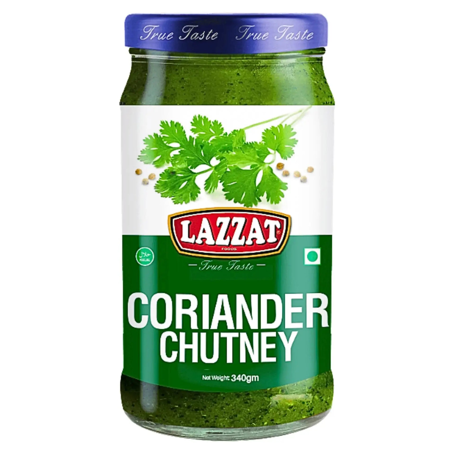 Lasipurkki vihreää korianterichutneeta, etiketissä korianterinlehtiä ja teksti 'Coriander Chutney'.