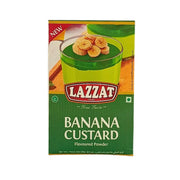 Lazzat-banaanin kermajauhe 250 g jälkiruokaan, vihreä pakkaus banaanikerman kuvalla.