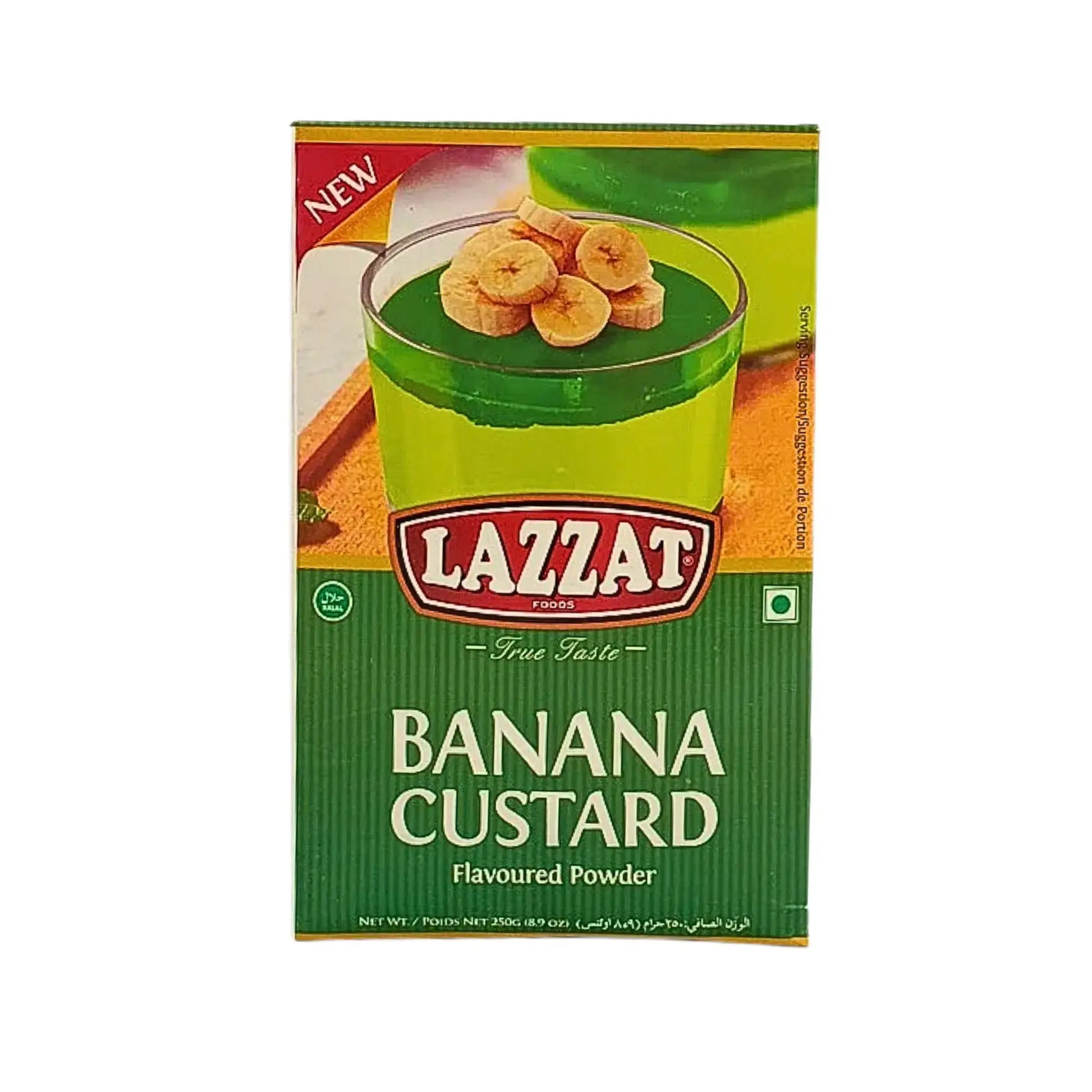 Lazzat-banaanin kermajauhe 250 g jälkiruokaan, vihreä pakkaus banaanikerman kuvalla.