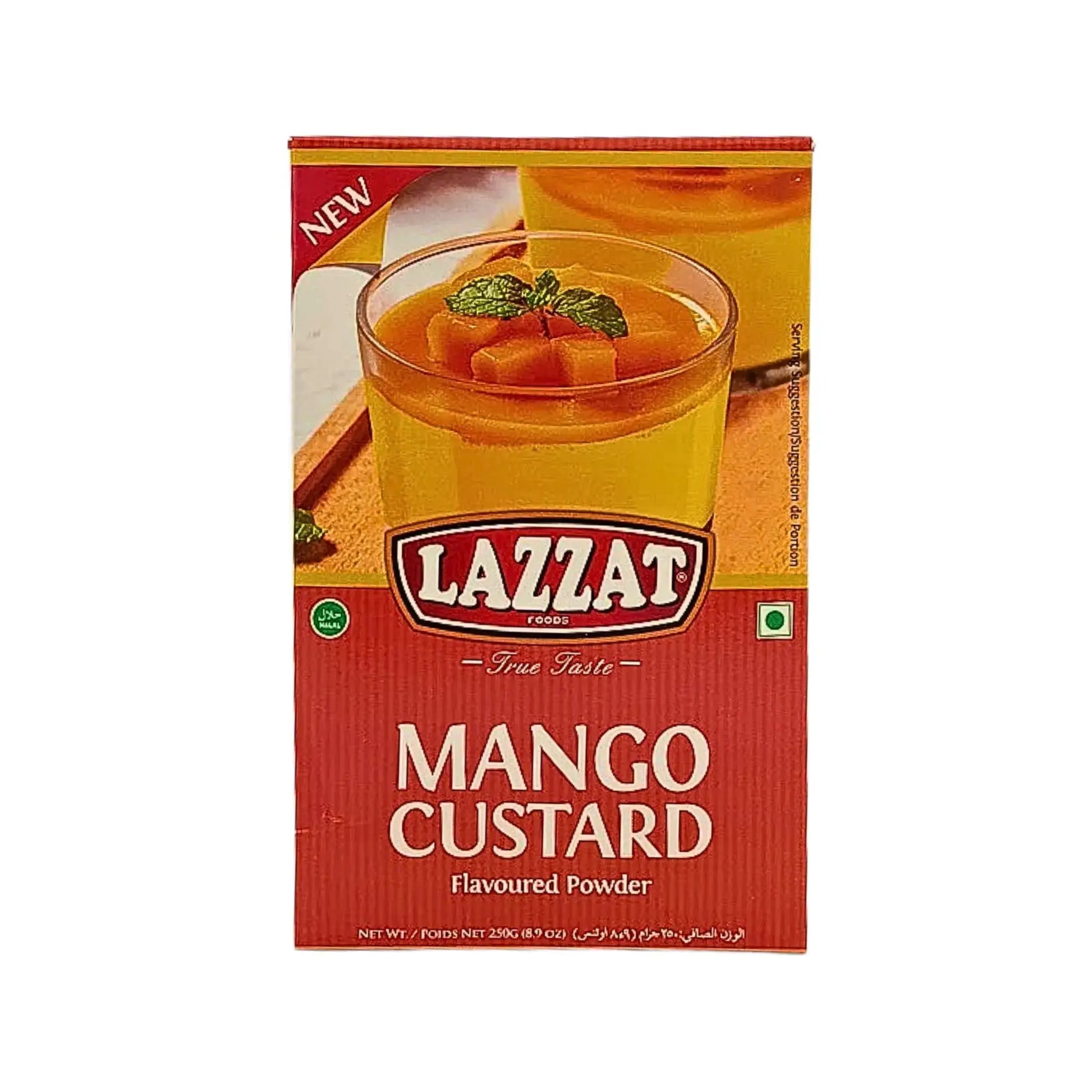 Lazzat-mangovaniljakuorrutuspulveri 250 g jälkiruokaan, punainen pakkaus lasin ja mangon kuvalla.