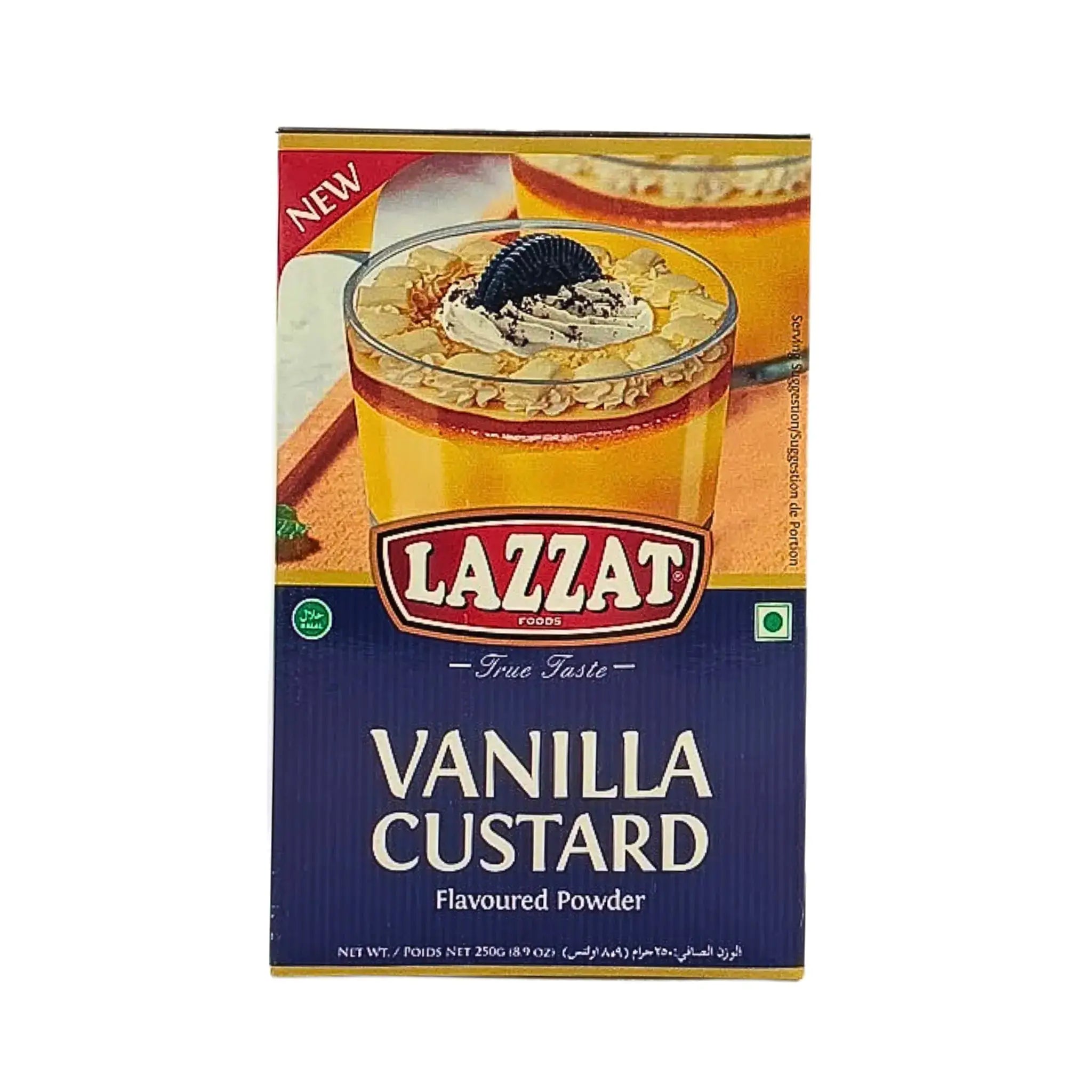Lazzat-vaniljakermajauhe 250 g, pakkauksessa kuva jälkiruokasta ja teksti edessä.