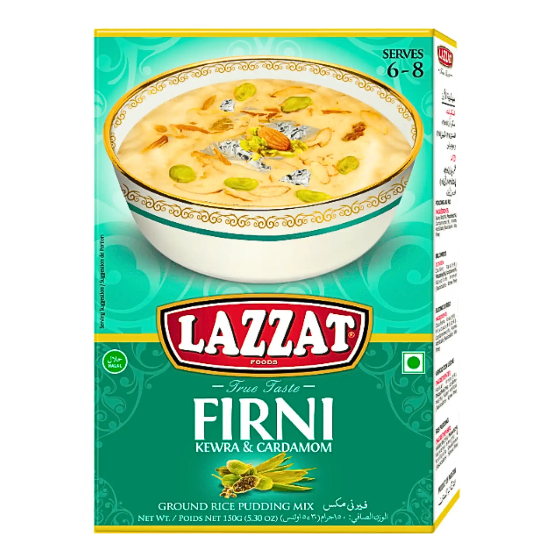 Firni-puudingsekoitus kewra- ja kardemumma-aromilla, 150 g:n pakkaus, jossa on kuva riisiruoasta