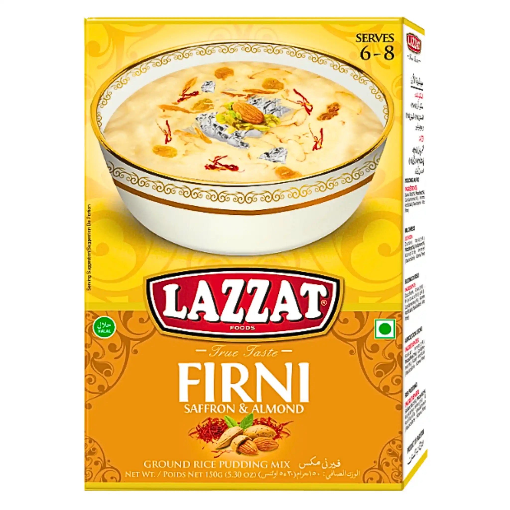Lazzat riisimaitoseoksen saffraani ja manteli, pakkauksessa kuva valmiista jälkiruoasta.