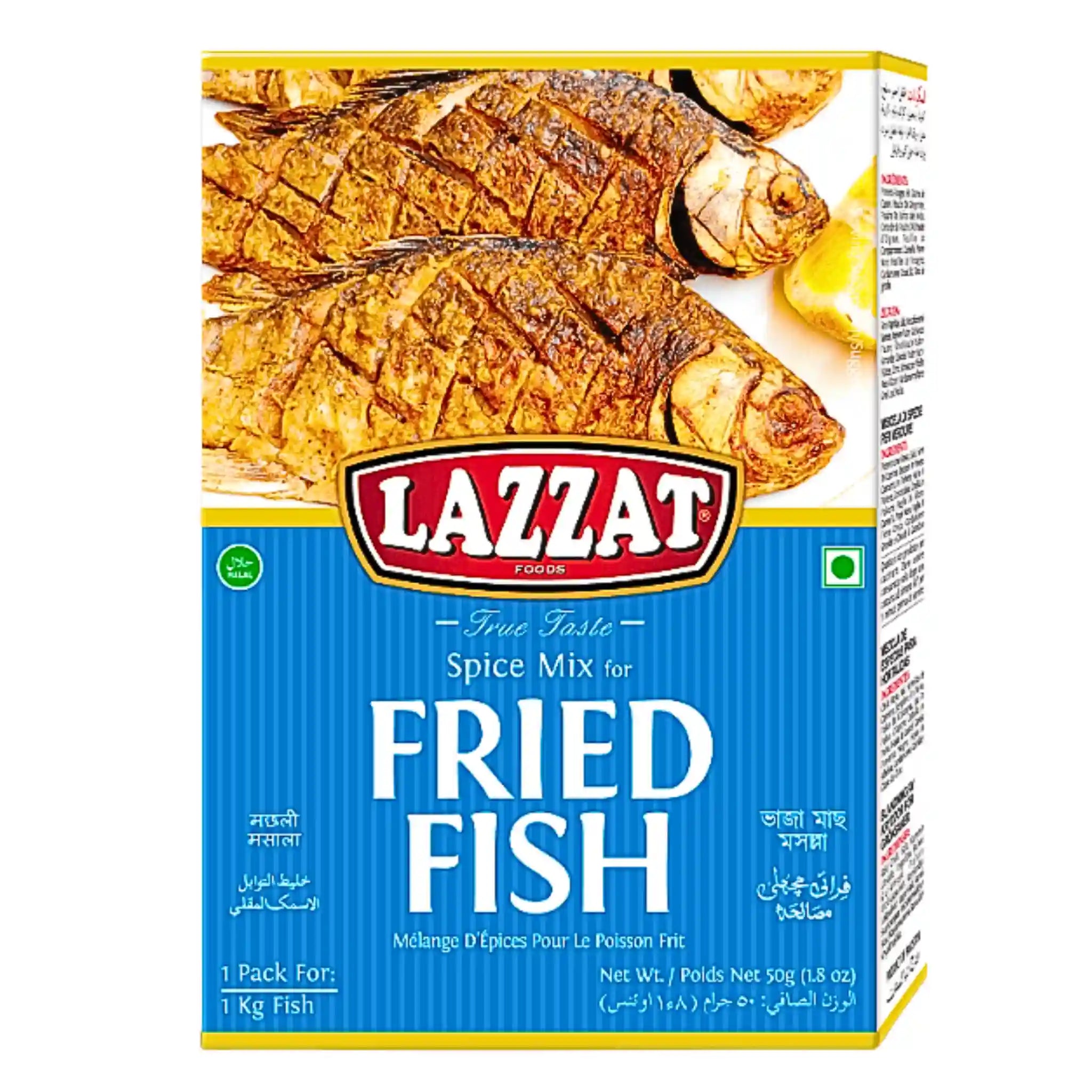 Maustesekoitus paistettua kalaa varten, Lazzat-pakkaus, jossa on kuva paistetusta kalasta ja sitruunalohkoista