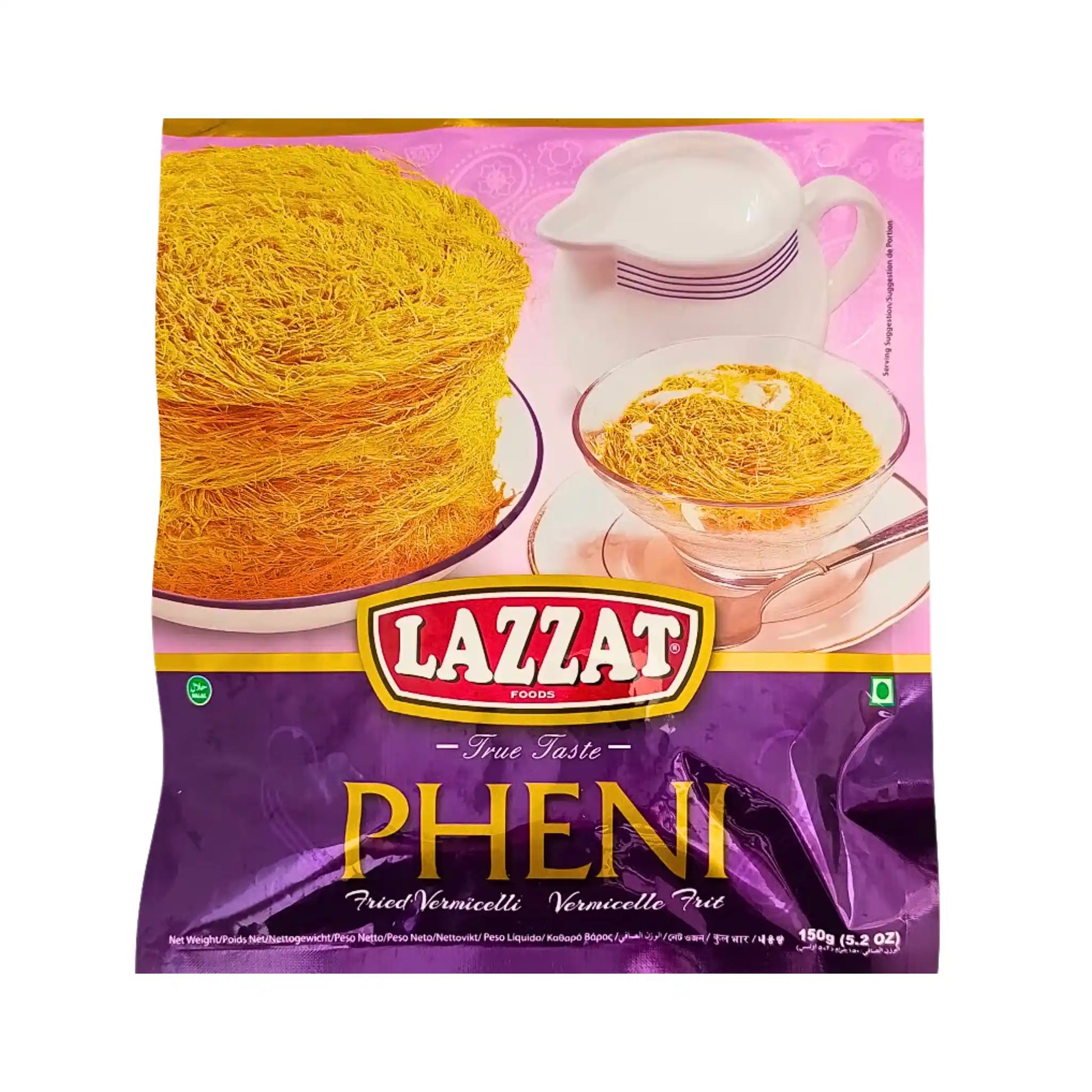 Lazzat paistettu vermicelli Pheni 150 g jälkiruokaan, itämainen nuudeli lankana lautasella ja kulhossa.