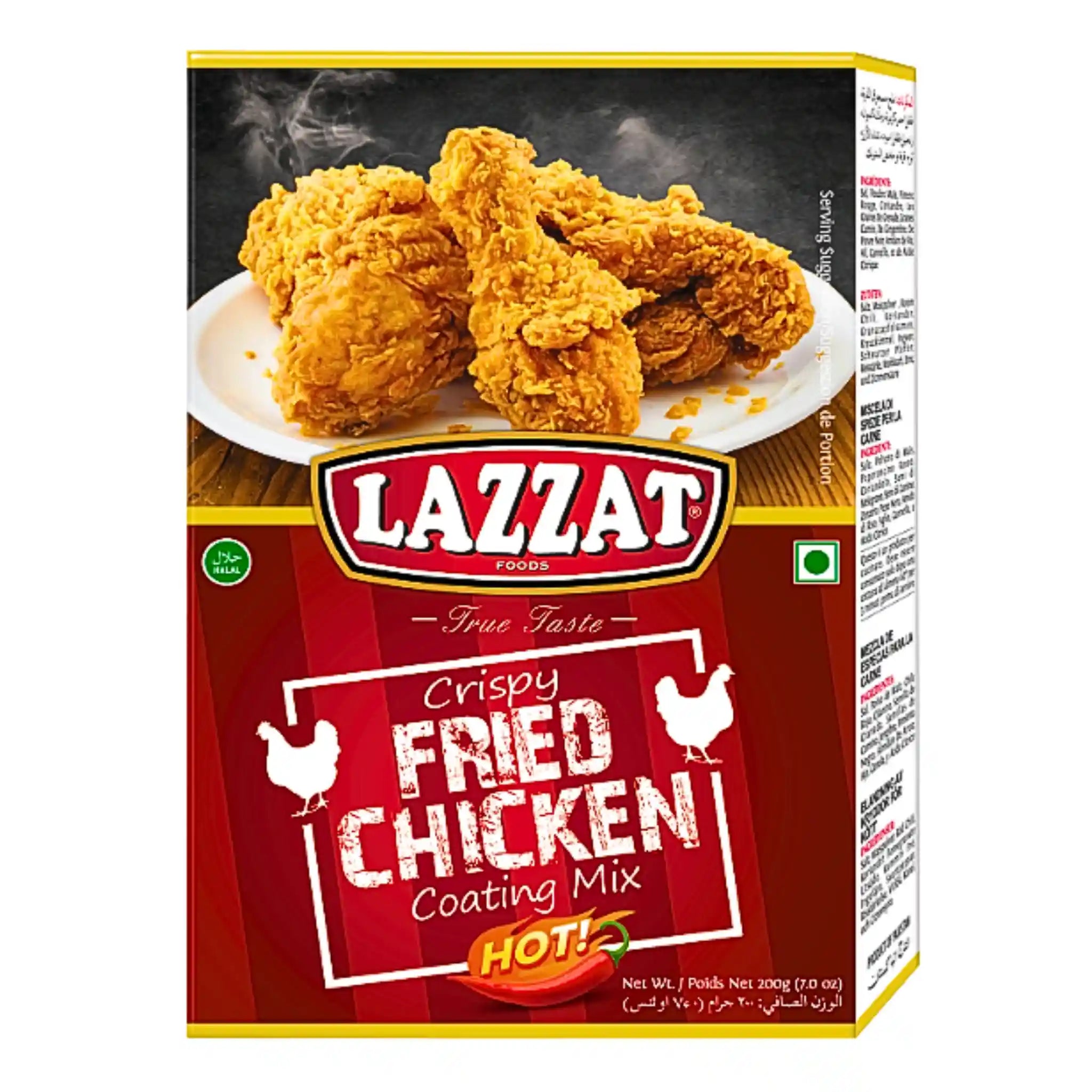 Lazzat-fritterikanaa varten tarkoitettu mausteinen panointajaseos 200 g, pakkauksessa kuva rapeasta kanasta lautasella.