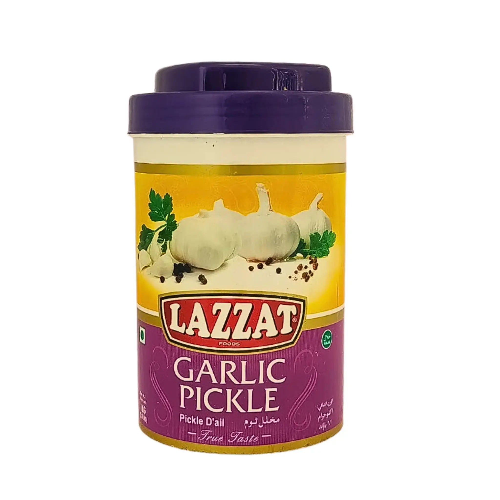 Purkki, jossa on Lazzat Garlic Pickle -valkosipulimakeutetta öljyssä, itämainen maku, 1 kg.
