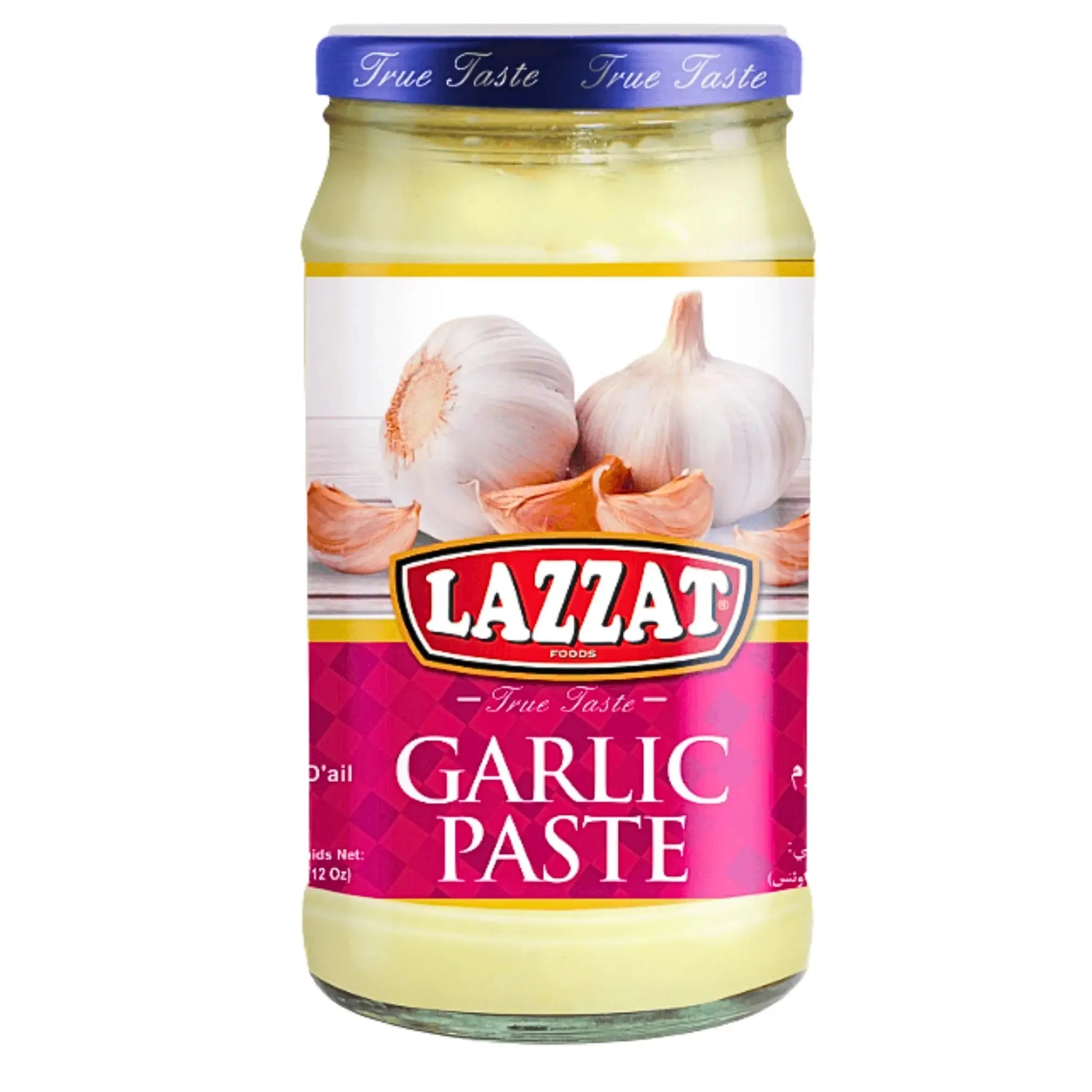 Lasipurkki Lazzat-valkosipulitahnaa, näkyvä etiketti valkosipulin kynsien kuvalla.
