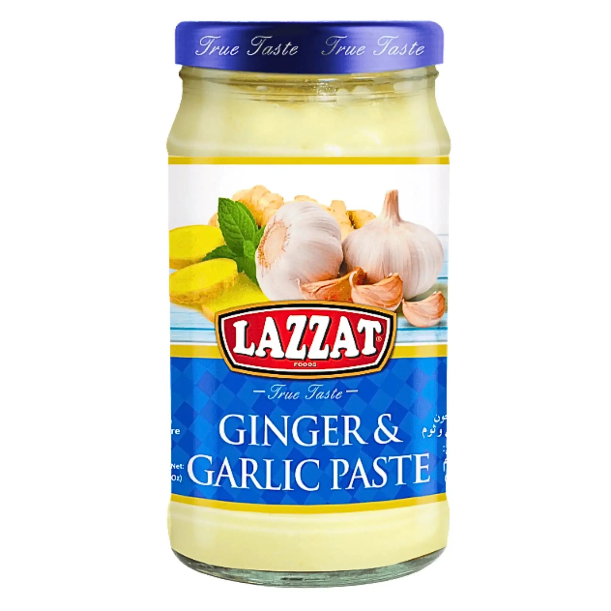 Lazzat-inkivääri- ja valkosipulitahna lasipurkissa, 340 g, itämaisia ainesosia.