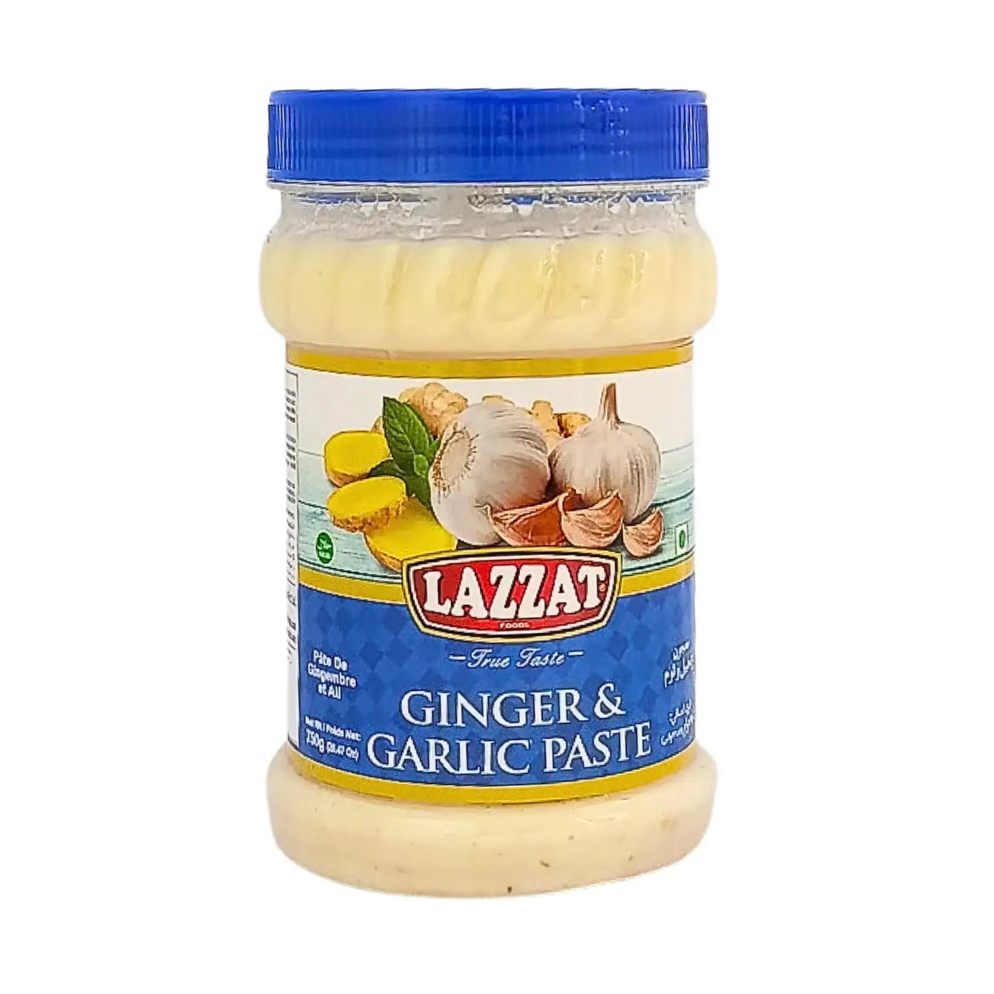 Rasia Lazzat inkivääri- ja valkosipulitahnaa 750 g sinisellä kannella ja selkeällä etiketillä.