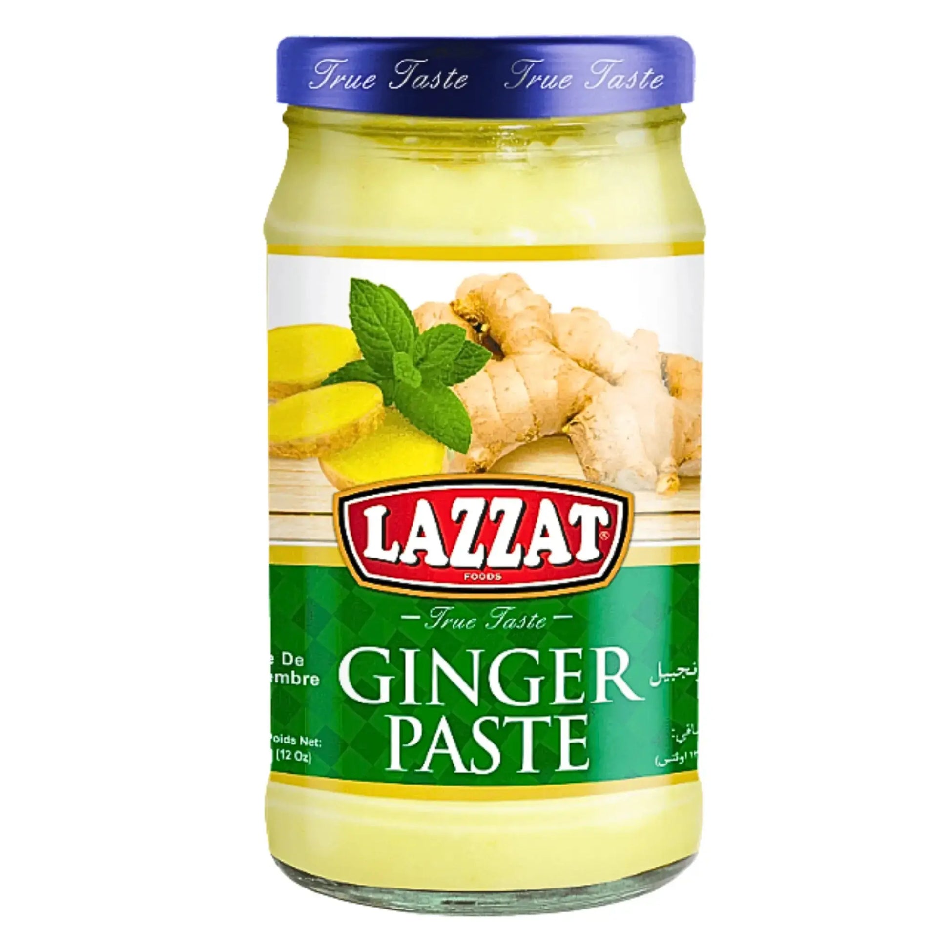 Lasipurkki Lazzat inkiväärimakaronia, vihreä etiketti ja tuoreita inkiväärinpalasia etiketissä
