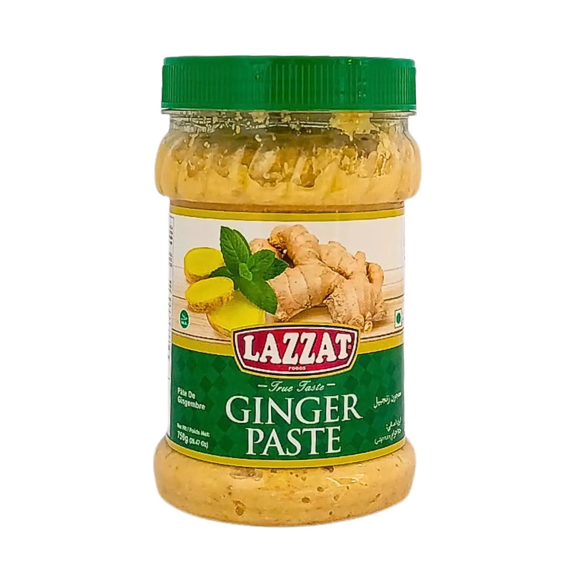Rasia, jossa on Lazzat inkivääritahnaa 750 g, vihreä kansi, etiketissä kuva tuoreesta inkivääristä.