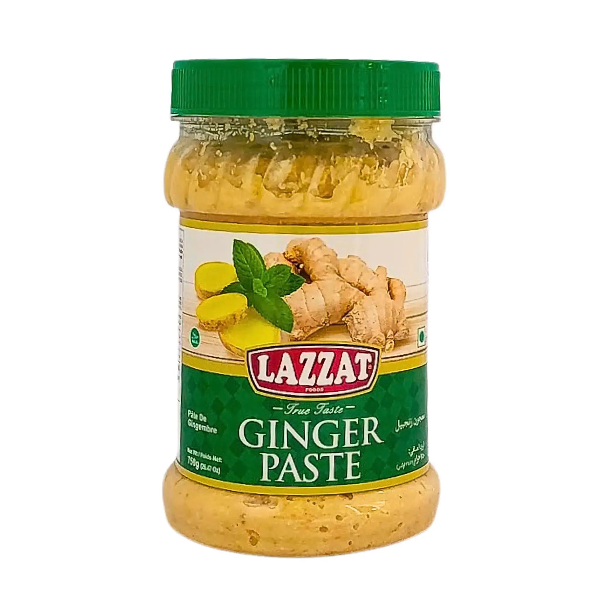 Rasia, jossa on Lazzat inkivääritahnaa 750 g, vihreä kansi, etiketissä kuva tuoreesta inkivääristä.