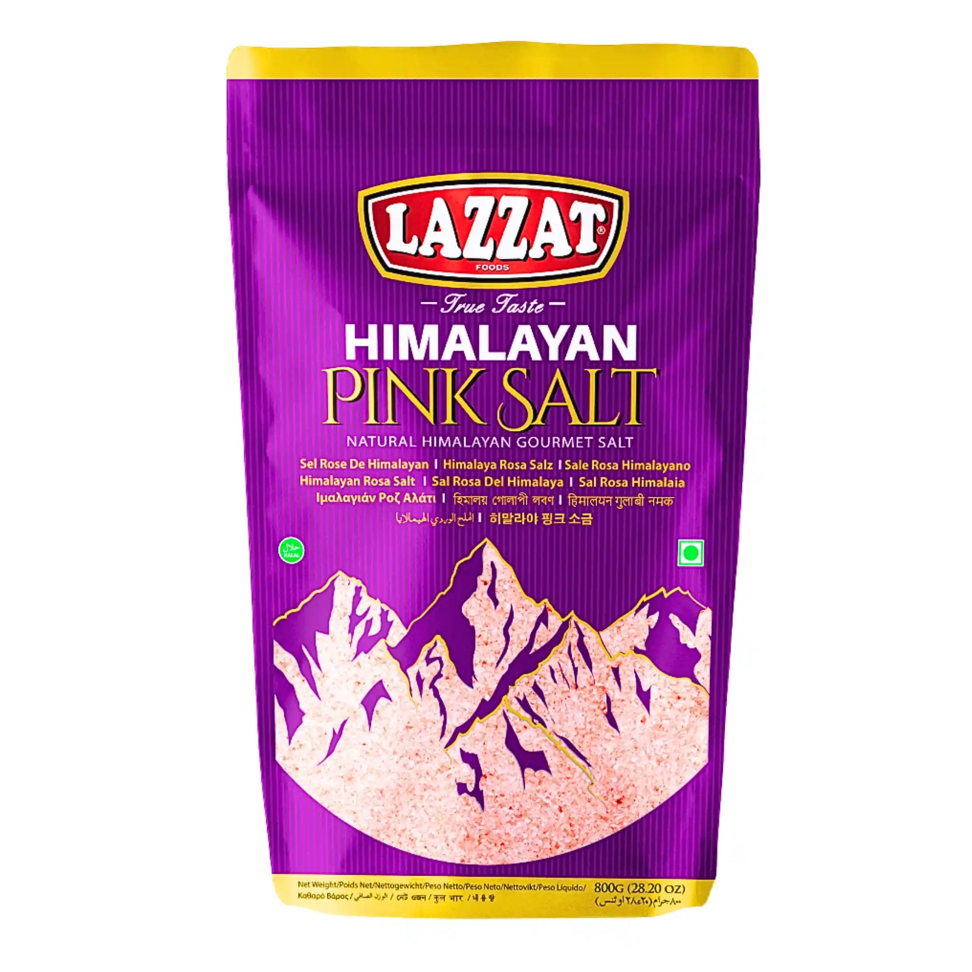 Pussi, jossa on hienojakoista Himalajan suolaa, violetti pakkaus vuoristomotiiveilla ja selkeällä tekstillä.