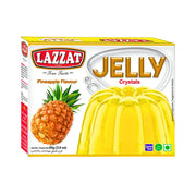 Lazzat Jelly Ananas 85 g, pakkaus, jossa on keltainen hyytelö ja ananaskuva valkoisella taustalla.