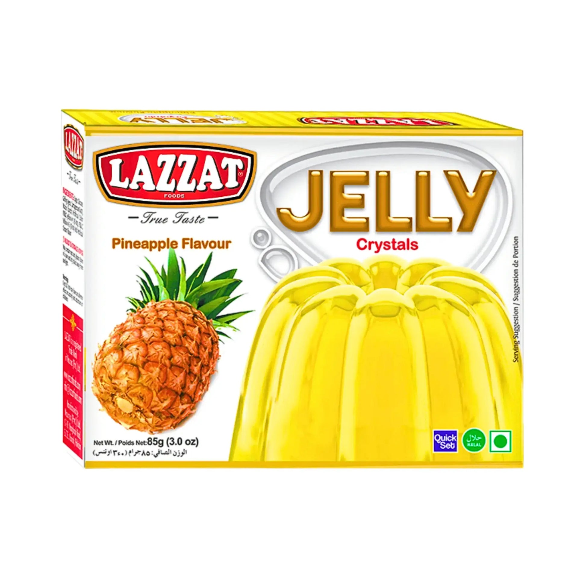 Lazzat Jelly Ananas 85 g, pakkaus, jossa on keltainen hyytelö ja ananaskuva valkoisella taustalla.