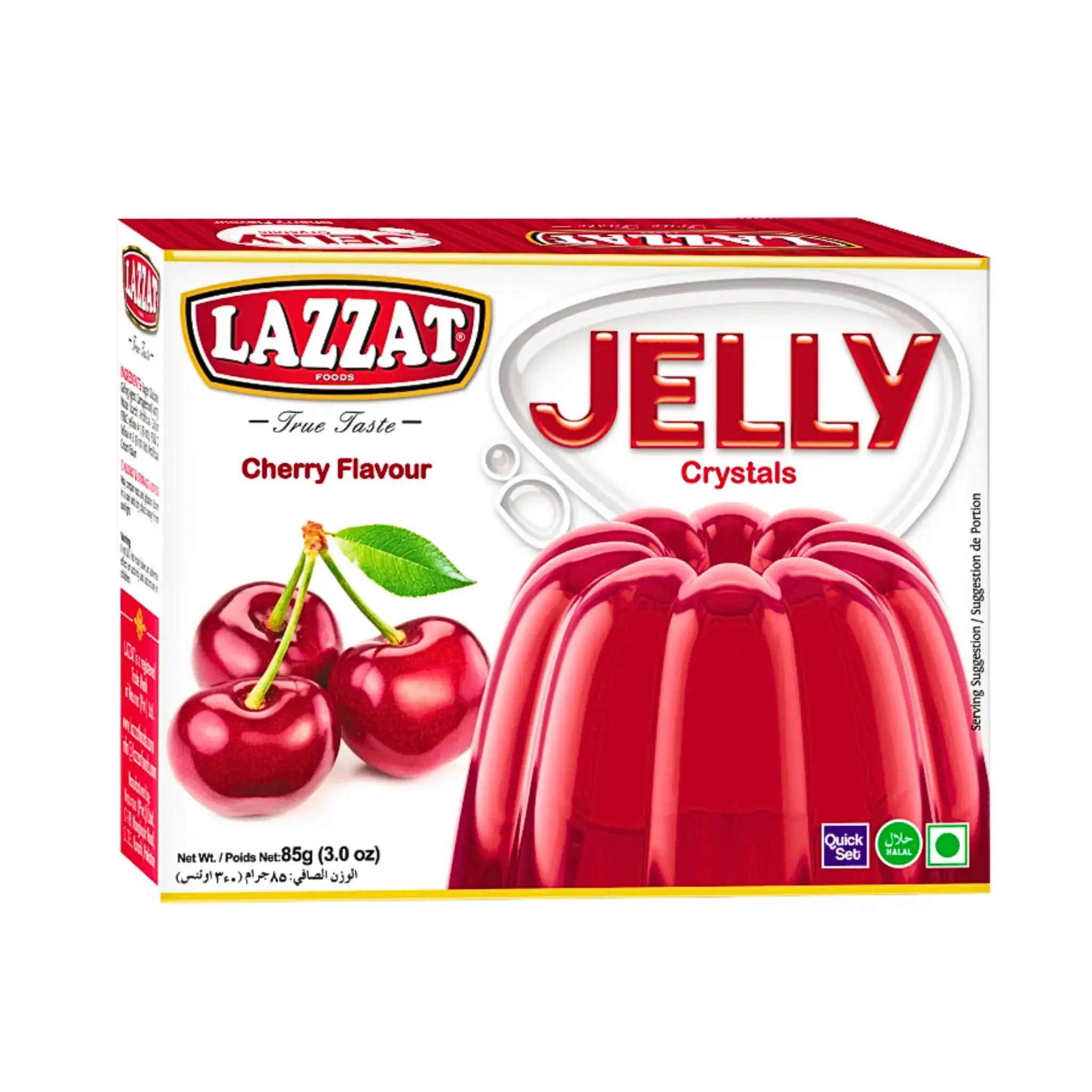 Lazzat kirsikkahyytelö 85 g, pakkaus, jossa on kirsikoita ja hyytelöä valkoisella taustalla
