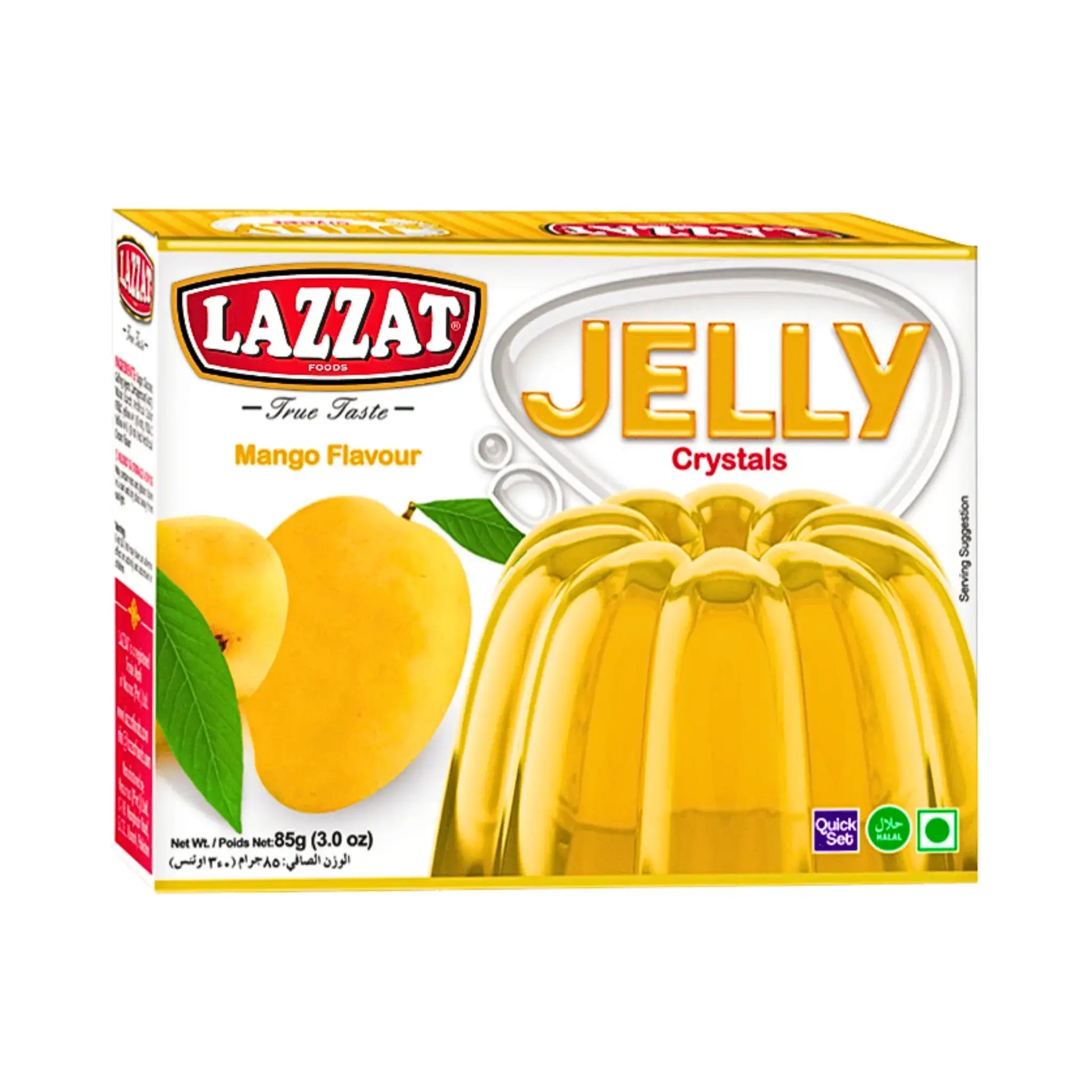 Lazzat mangohyytelöpulveri 85 g, jossa on kuva mangosta ja valmis keltainen hyytelö pakkauksessa.