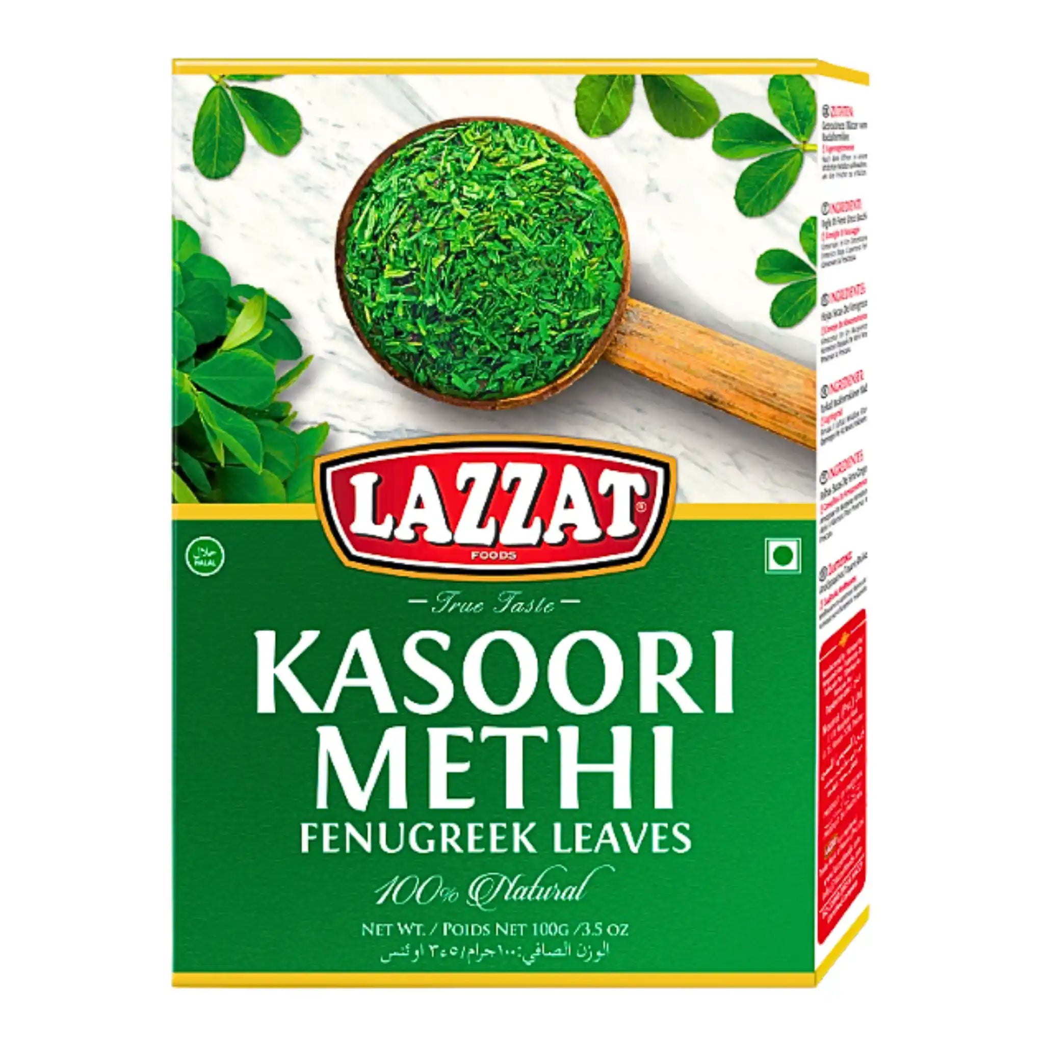 Lazzat Kasoori Methi 100 g, pakatussa kuivatuissa bockhorninklaverin lehdissä