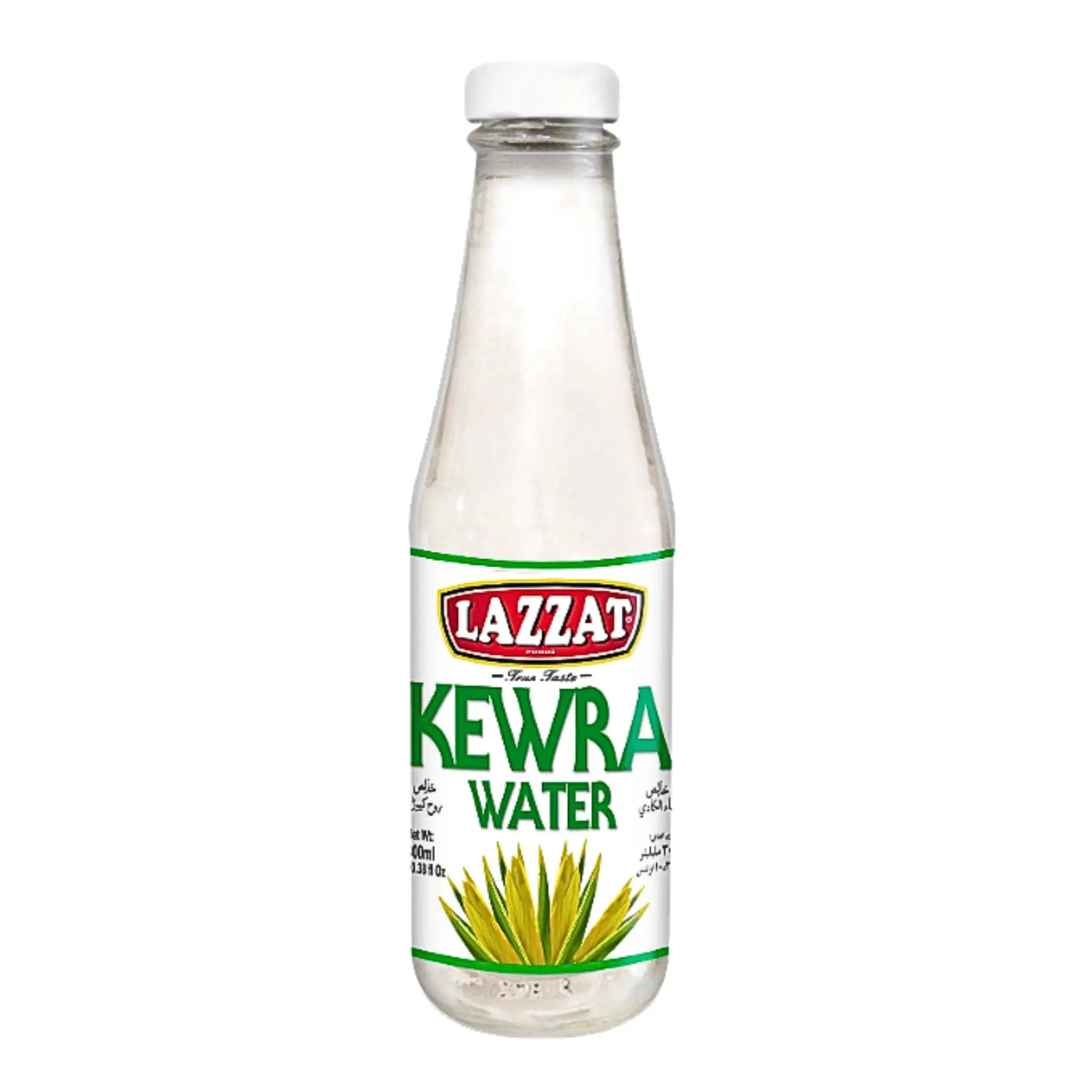 Lasipullo Lazzat Kewra Water 300 ml vihreällä kasvilla etiketissä, itäinen elintarvike