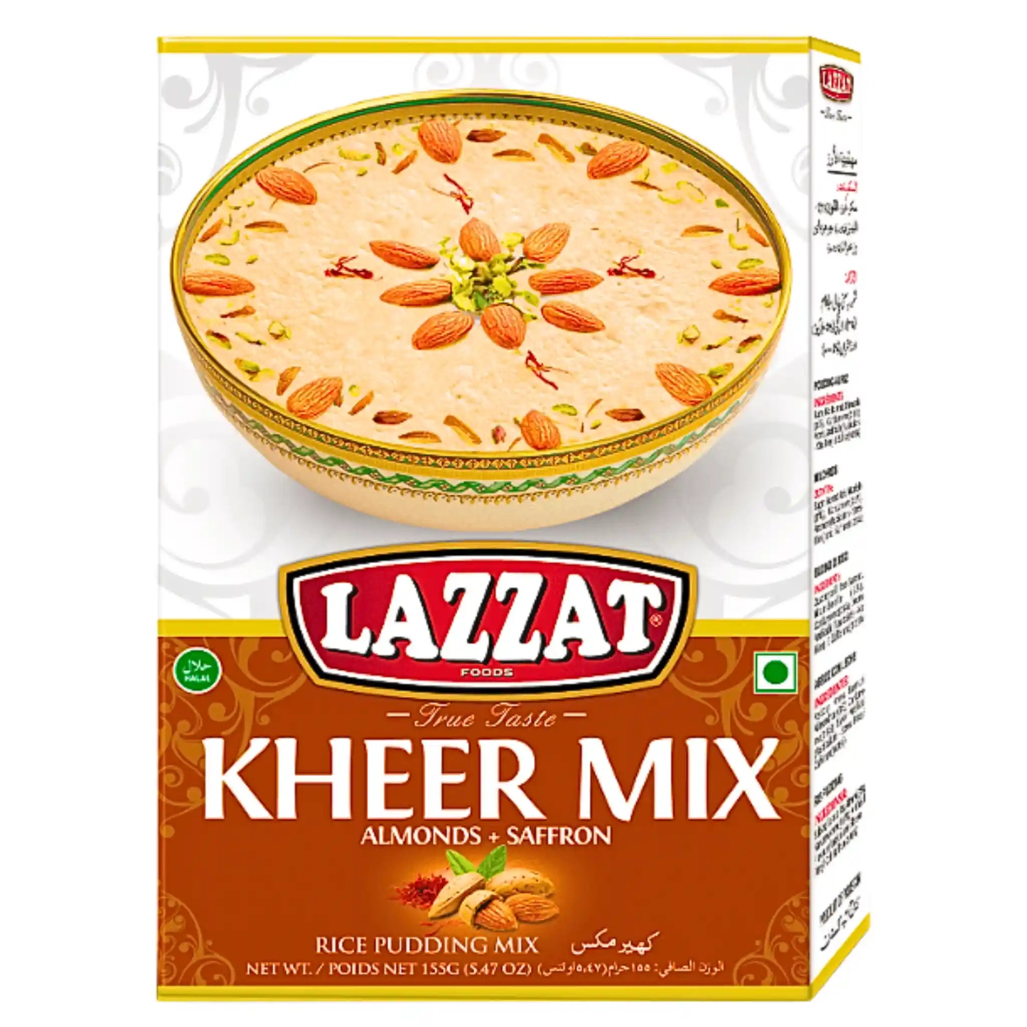 Kheer-mix med mandel och saffran, förpackning med risgrynsgröt, orientaliskt dessertmix