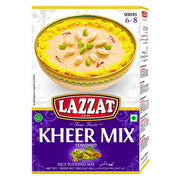 Lazzat Kheer Mix -risipuddelseos 155 g, pakkauksessa kuva tarjoillusta kheeristä pähkinöiden kanssa