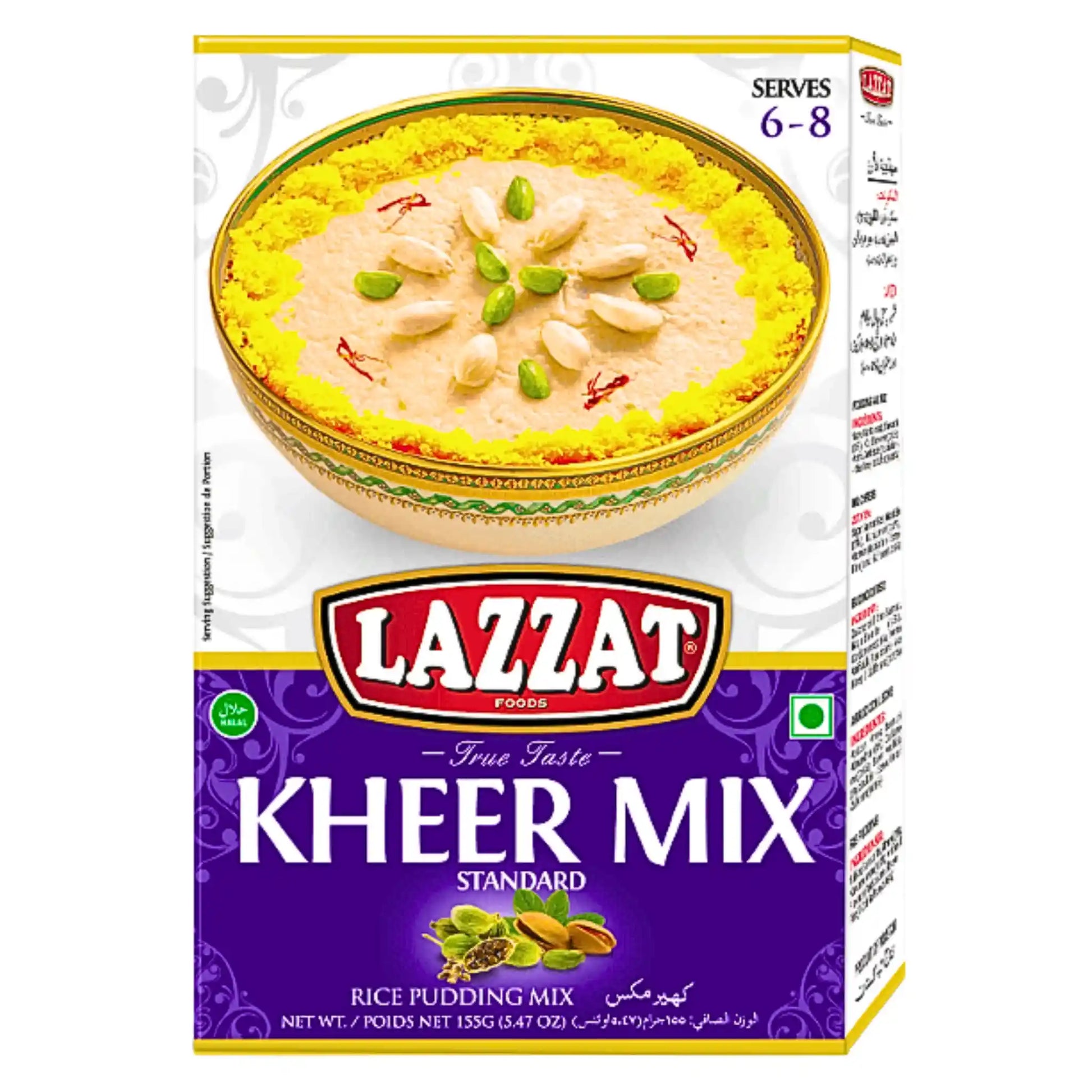 Lazzat Kheer Mix -risipuddelseos 155 g, pakkauksessa kuva tarjoillusta kheeristä pähkinöiden kanssa