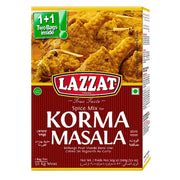 Lazzat Korma Masala -mausteseos 100 g intialaisen kormaruoan valmistukseen, pakkauksessa maustettua kanaa.