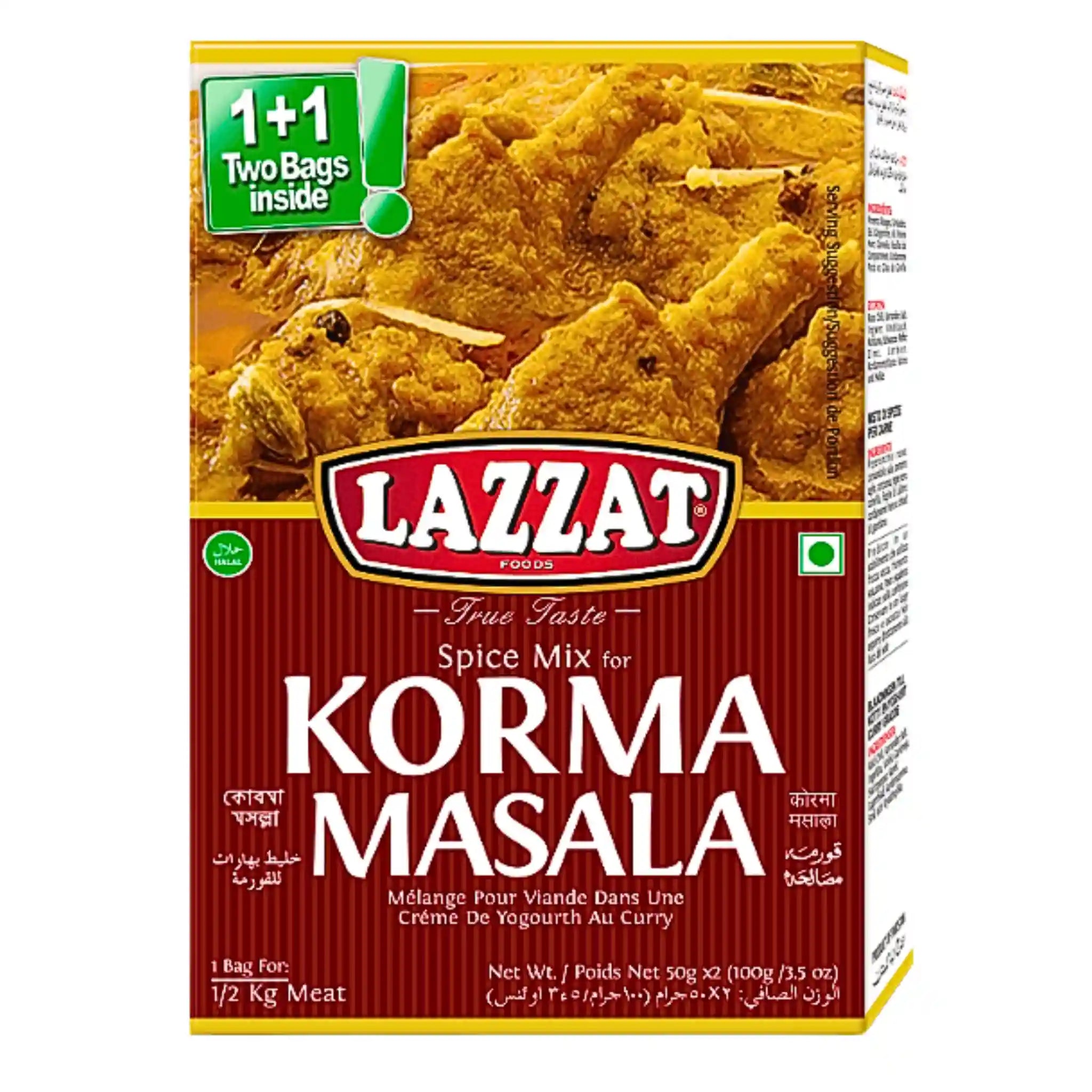 Lazzat Korma Masala -mausteseos 100 g intialaisen kormaruoan valmistukseen, pakkauksessa maustettua kanaa.