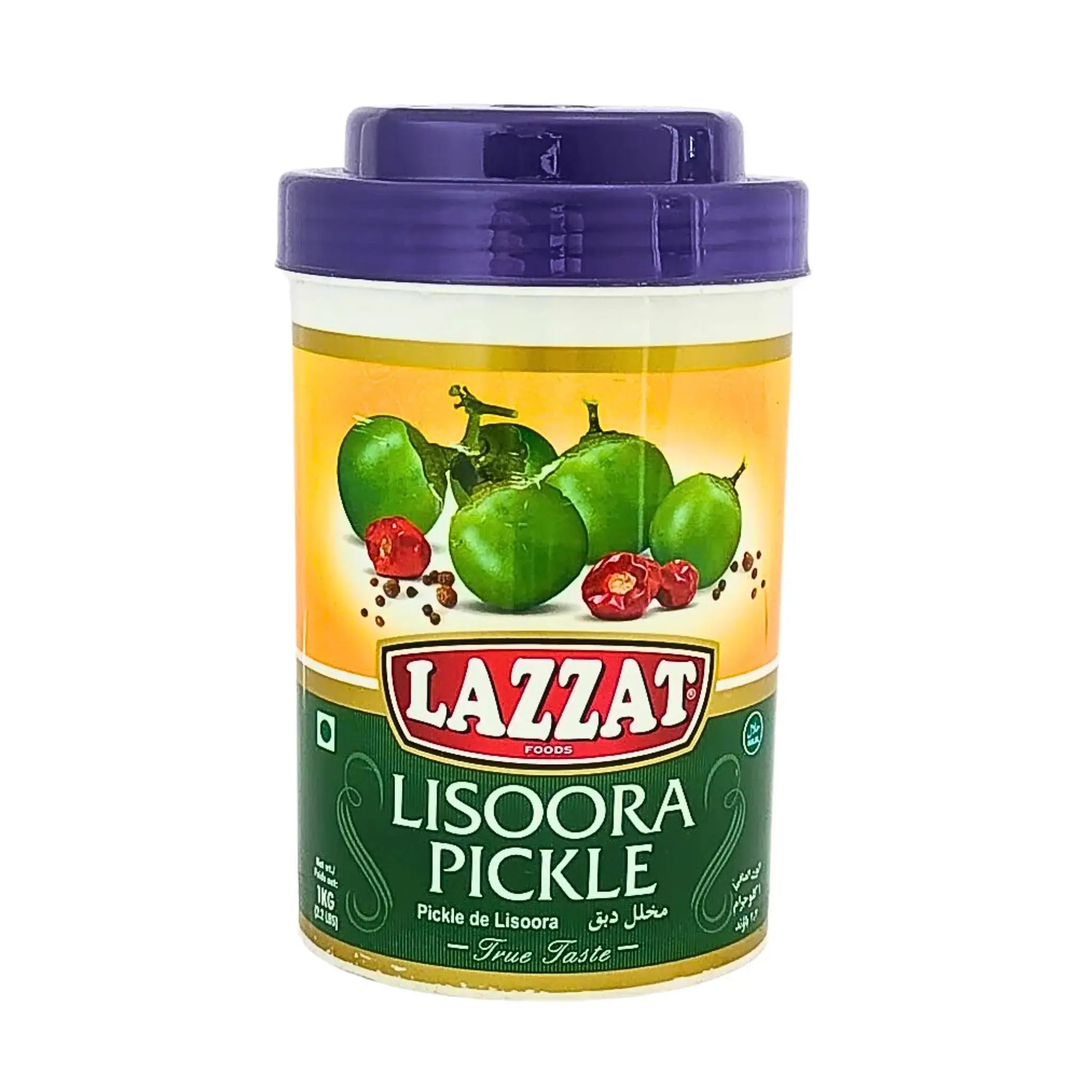Lazoora pickle 1 kg purkki vihreillä hedelmillä ja punaisilla chileillä etiketissä, itäisiä makuja.