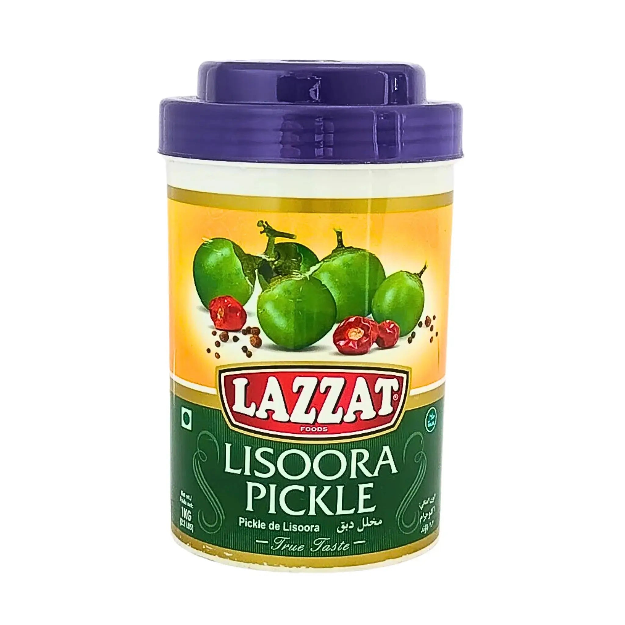 Lazoora pickle 1 kg purkki vihreillä hedelmillä ja punaisilla chileillä etiketissä, itäisiä makuja.