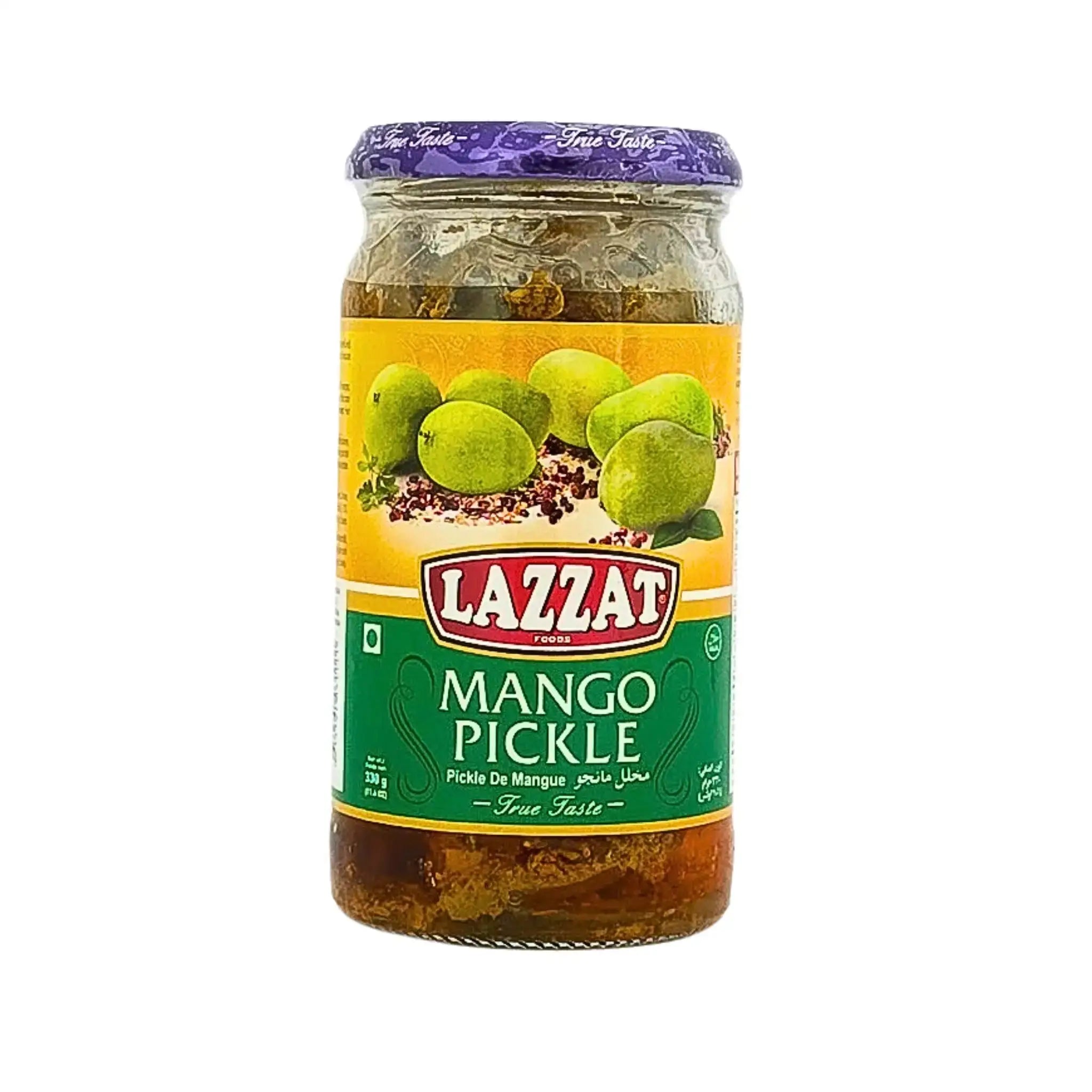 Purkki, jossa on Lazzat mangosilppua öljyssä, itämaiseen tyyliin valmistettua mangoa, 330 g.