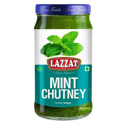 Lasipurkki Lazzat minttu-chutneeta 340 g, vihreä intialainen kastike, jossa etiketissä minttua.