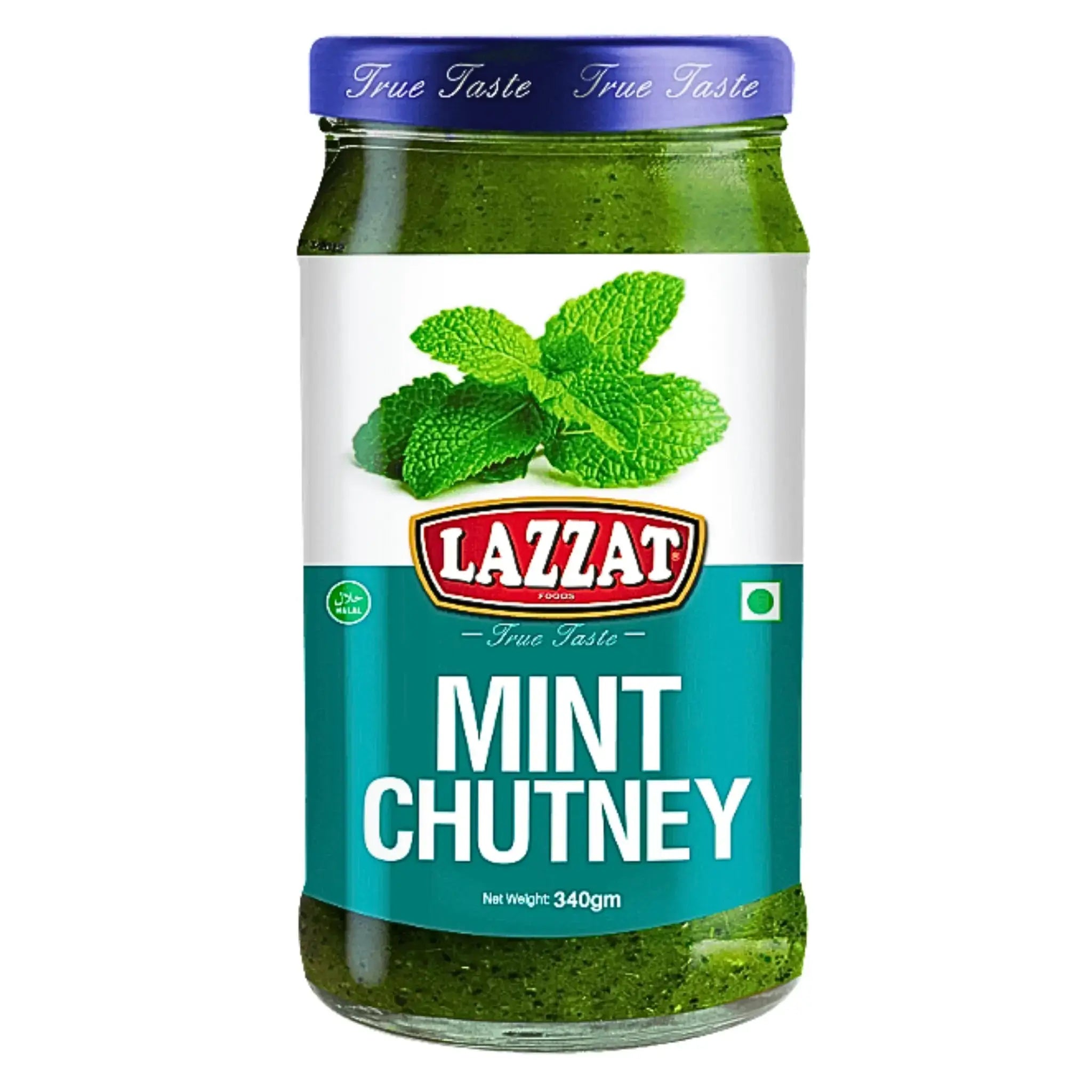 Lasipurkki Lazzat minttu-chutneeta 340 g, vihreä intialainen kastike, jossa etiketissä minttua.