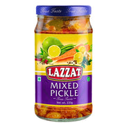Lasipurkki Lazzat-mixed-piikkijuuria öljyssä 330 g, värikäs etiketti vihanneksineen ja sitrushedelmineen.