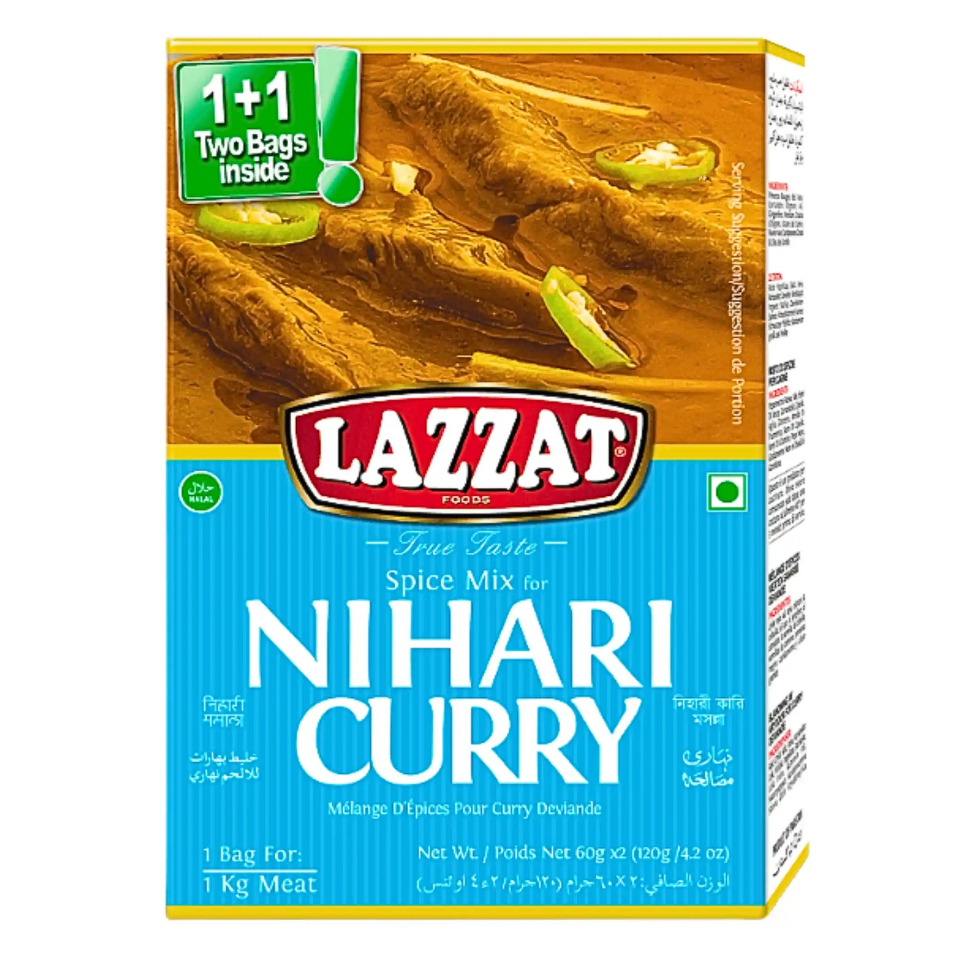 Maustesekoitus Nihari-kurryyn, Lazzat, pakkaus, jossa on liharasia ja kaksi pussia sisällä.