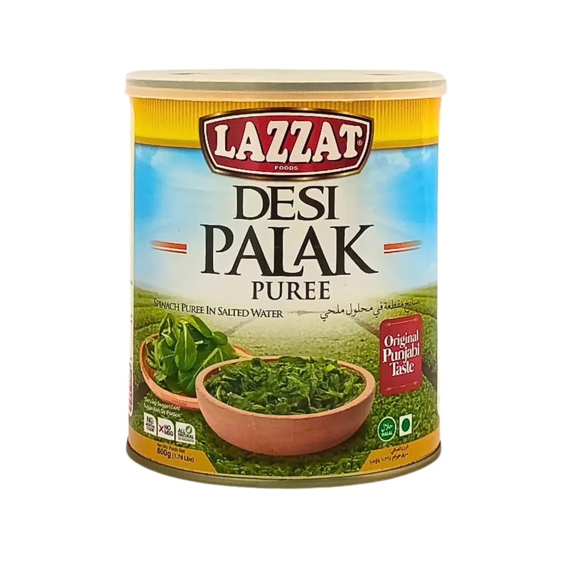 Konservipurkki, jossa on Lazzat desi palak pure -spinattipuuria, itämaista ruokaa, 800 g