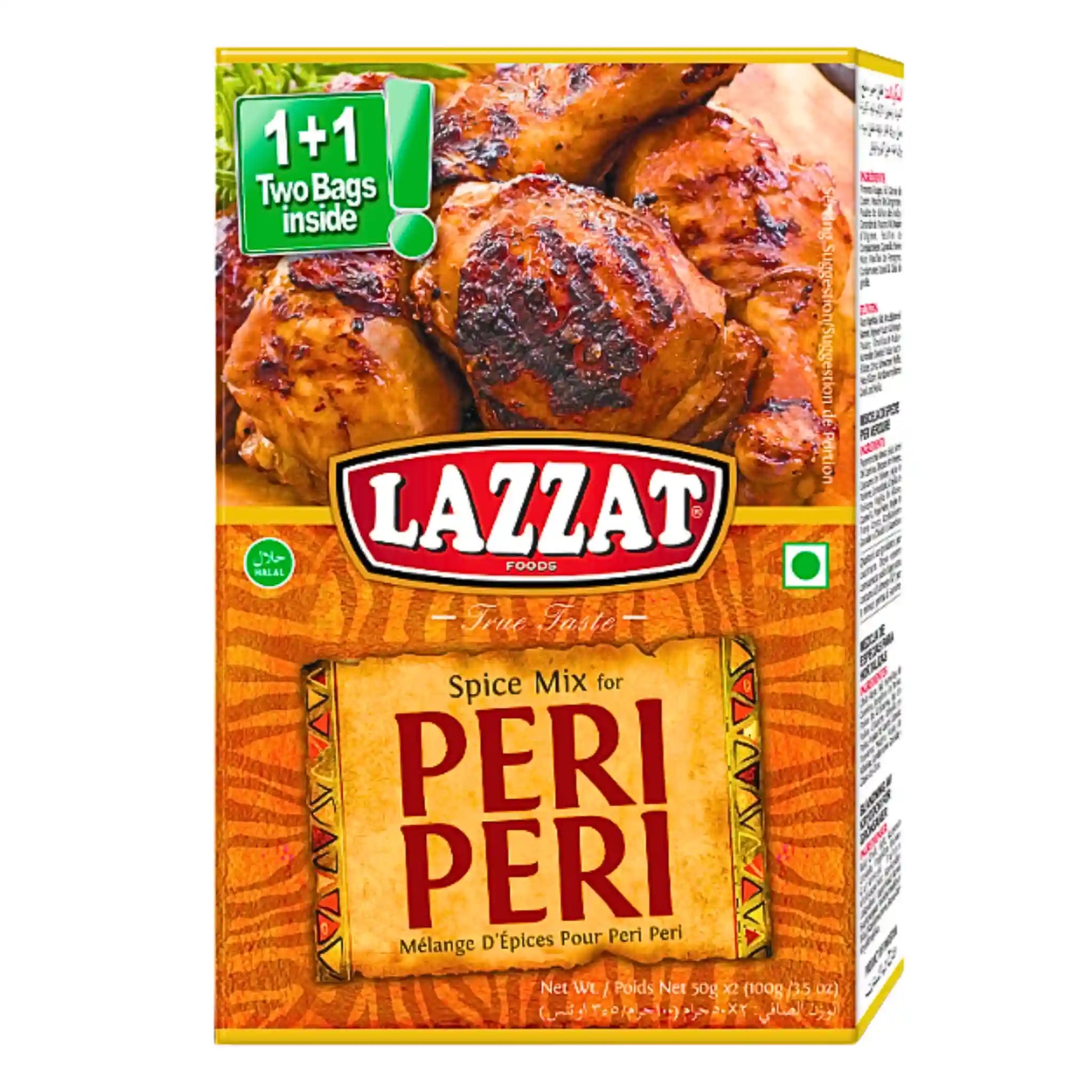 Lazzat Peri Peri -maustesekoitus 100 g, värikäs pakkaus, jonka etupuolella on grillattu kana.