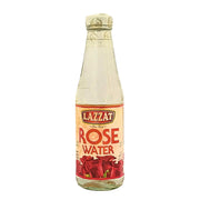 Lazzat-ruusunvettä 300 ml pulkassa selkeällä etiketillä ja punaisilla ruusuilla.